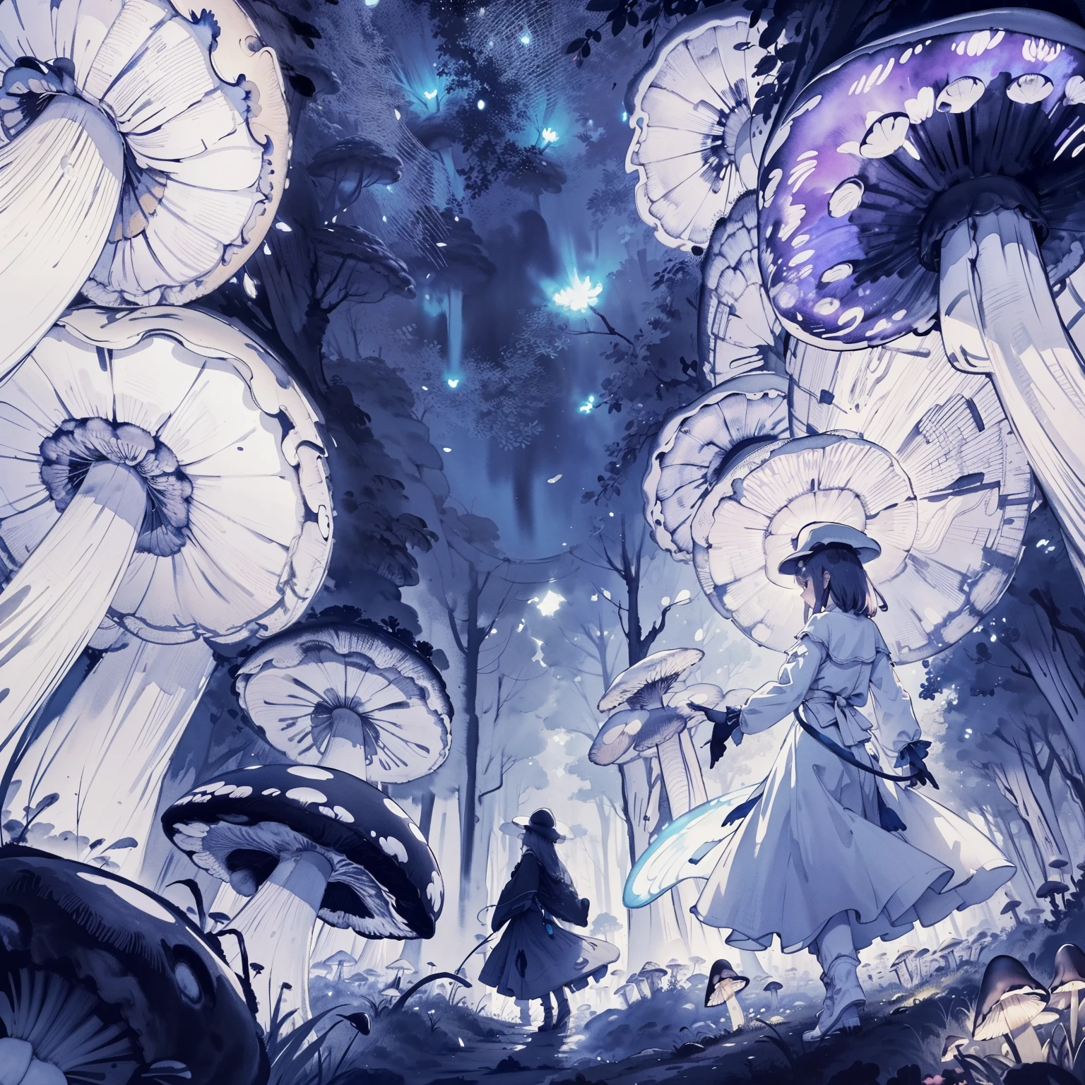 Beautiful and aesthetic,, Solo,，Dance，Cogumelos，Mushrooms，Huge mushrooms，spore，(glowing ambiance, enchanting glow, luminouslighting, Ethereal atmosphere,Watercolor illustration, Perfect anatomy, Masterpiece, Best quality,**** , Nature, landscape