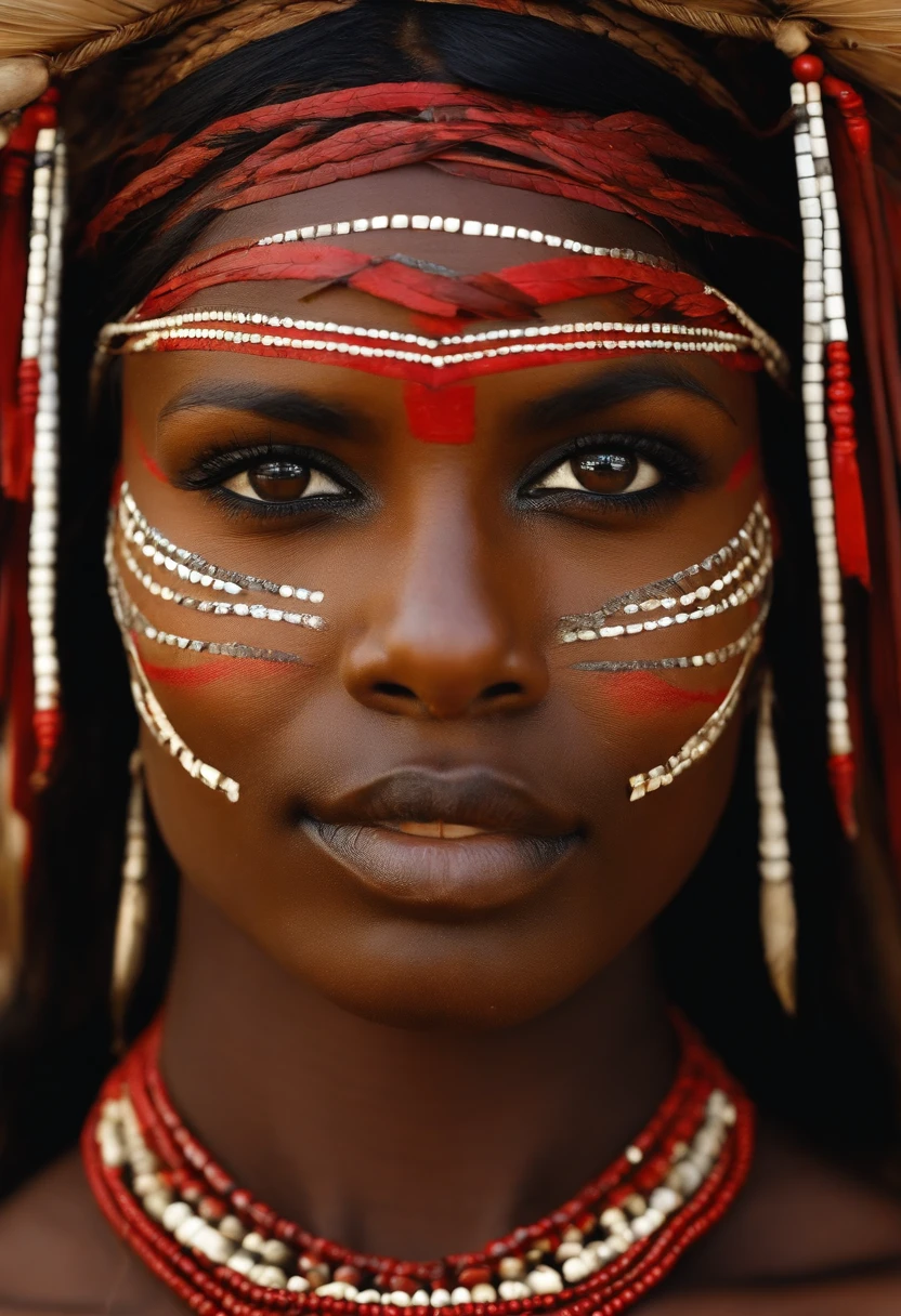 1 femme tribale, indigenous, anatomie parfaite, Corps entier, cheveux noirs, Impatient, Cheveux indiens amazoniens, Yeux occidentaux peints avec une bande rouge, porter uniquement avec une frange Yanomami , Utilisation de colliers de semences, Avec le corps peint en urucu, photoreallistic