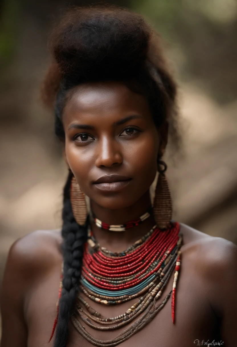 1 femme tribale, indigenous, anatomie parfaite, Corps entier, cheveux noirs, Impatient, Cheveux indiens amazoniens, Yeux occidentaux peints avec une bande rouge, porter uniquement avec une frange Yanomami , Utilisation de colliers de semences, Avec le corps peint en urucu, photoreallistic