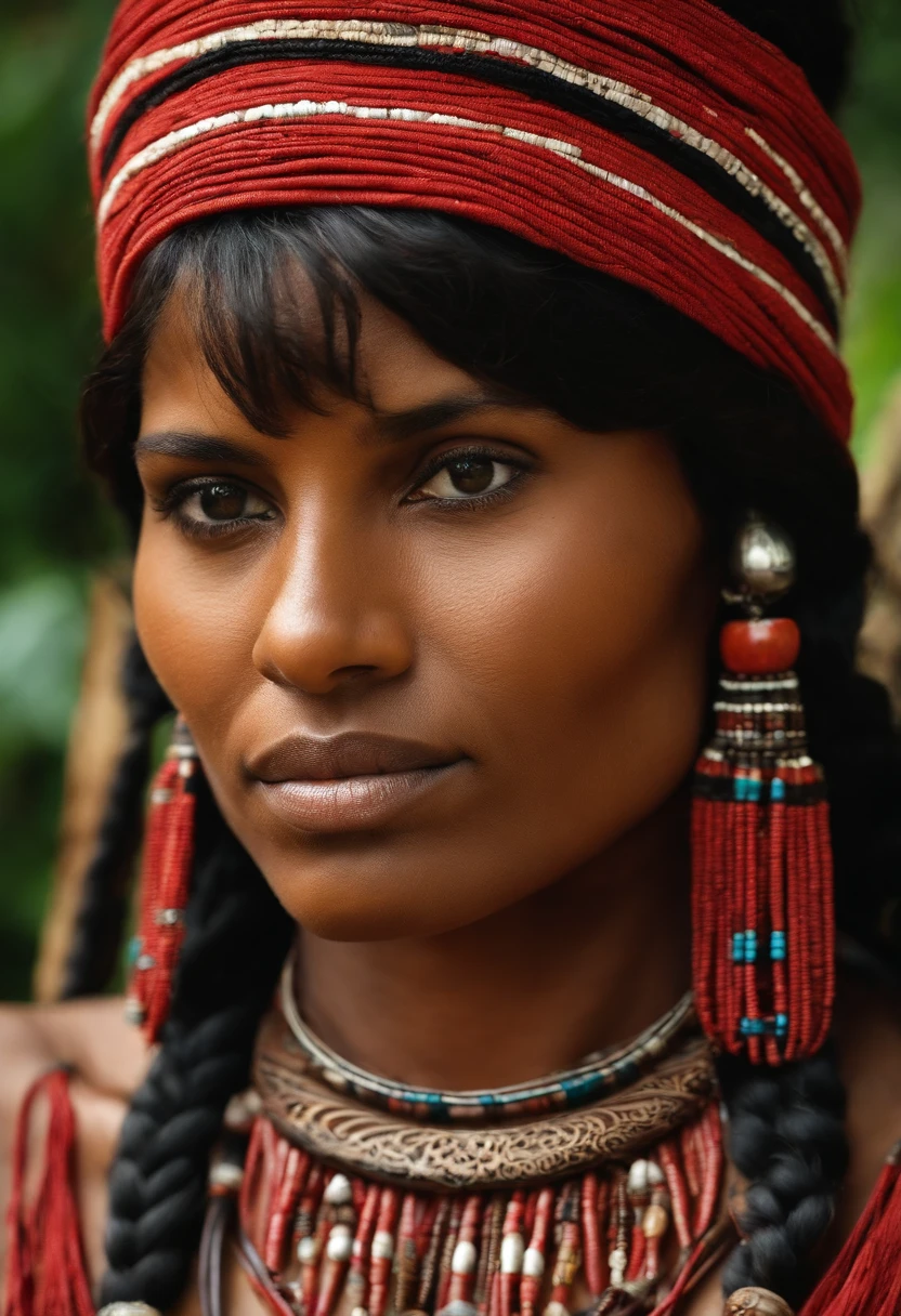 1 femme tribale, indigenous, anatomie parfaite, Corps entier, cheveux noirs, Impatient, Cheveux indiens amazoniens, Yeux occidentaux peints avec une bande rouge, porter uniquement avec une frange Yanomami , Utilisation de colliers de semences, Avec le corps peint en urucu, photoreallistic