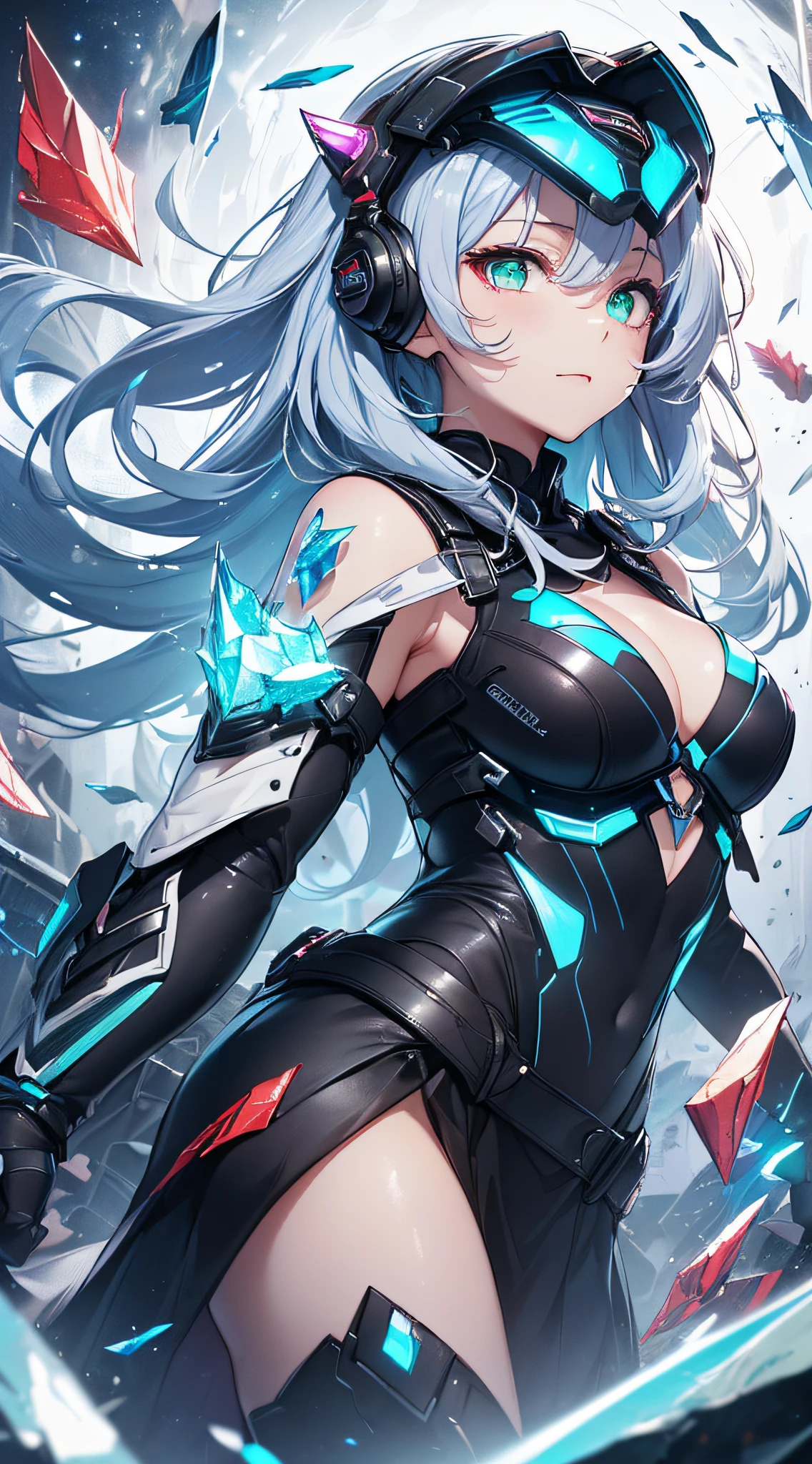 top-quality、Top image quality、​masterpiece、Android Girl((sixteen years old, Cybersuit glowing black, red and white、Blue energy source for the chest,Best Bust、Bust 90、Light blue shiny hair、Longhaire,Cyber Skirt、Blue-green eyes、open chest wide、Valley、Happiness、A slender、Mysterious face、Drifting in the air,Particles of light、Sharp claw arm,battered body、mid air、Glowing eyes、Hold out your hands、Blue visor)）hiquality、Beautiful Art、Background with((Fantastic Universe、Beautiful universe、Cosmix Pace、Scattered glass shards))、masutepiece、Elaborate design、visualart、Theatrical films