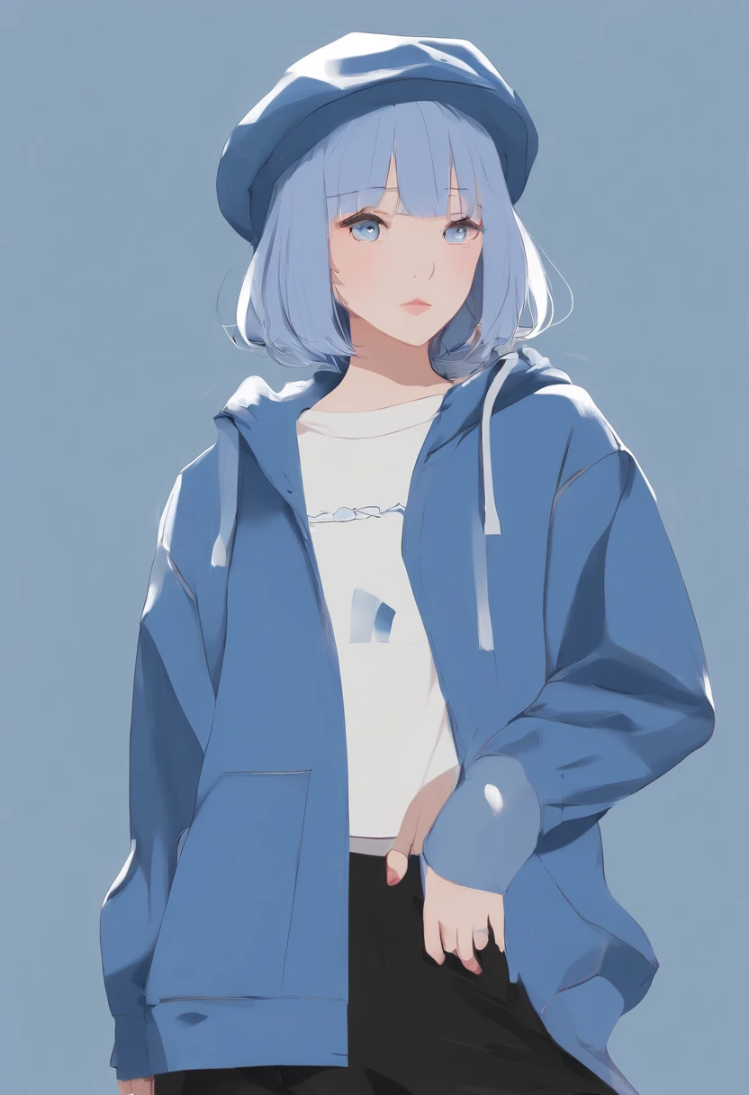 masterpiece, best_quality, 1girl, solo, bangs, female focus, flat chest, blue eyes, 1girl, (((sweatshirt))), sweatshirt (#e7f0ff), (off-shoulder), long sleeve, (((sleeve covering hand))), pleated skirt (#b0ceff), long hair, messy hair, straight hair, blue hair (#d7e6ff), background (#ffe6c7), beret, rough sketch, standing, blue background, (((ixy))), 12yo, loli