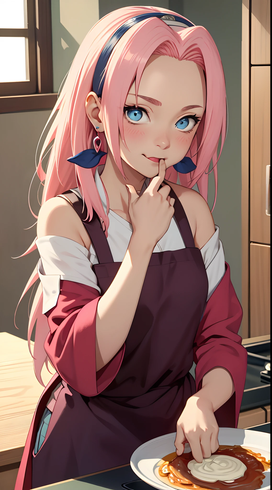 tmasterpiece， Best quality at best， 1girll， Sakura Haruno，Off-the-shoulder attire，（Close-up of the upper body)，Raised sexy，is shy，ssmile，with pink hair， long whitr hair，in home clothes， （Green eyeballs:1.4), (Best quality), high-angle,  Above thighs, Cooking ), Blue eyes, Beautiful detail eyes, ((Stick out her tongue)), Blush, wink, Heart, (Clothes with shoulders), aprons, Earrings, Indoors, In the kitchen in the morning, shaded lighting,