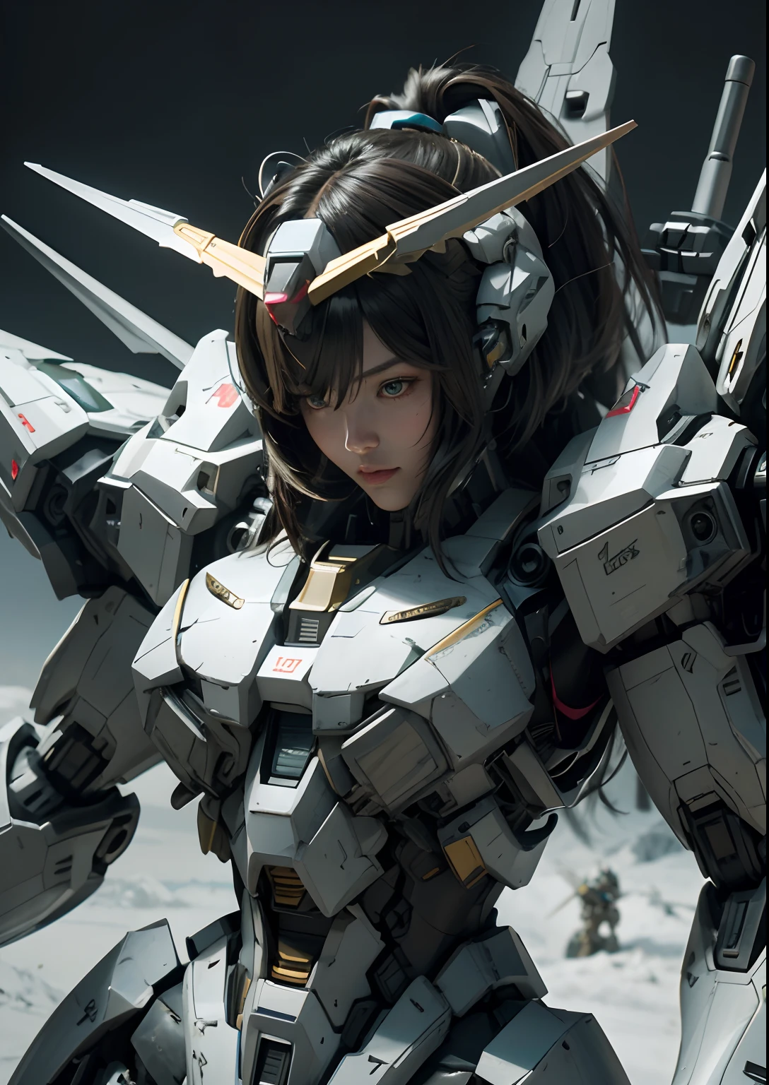 Textured skin, Super Detail, high details, High quality, Best Quality, hight resolution, 1080p, hard disk, Beautiful,(Gundam),beautiful cyborg woman,Mecha Cyborg Girl,Battle Mode,Girl with a Mecha Body,She wears a futuristic Gundam mecha
