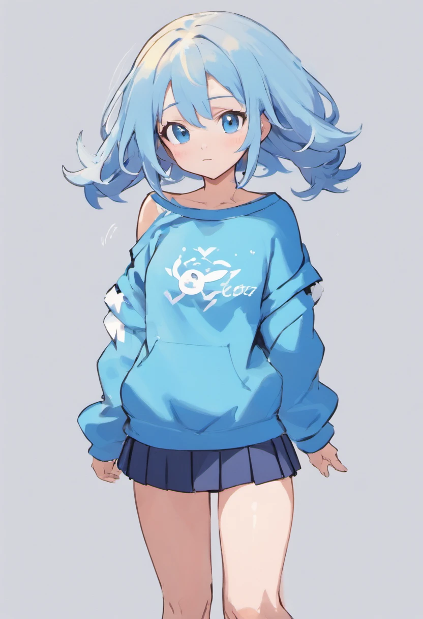 masterpiece, best_quality, 1girl, solo, bangs, female focus, flat chest, blue eyes, 1girl, (((sweatshirt))), sweatshirt (#e7f0ff), (off-shoulder), long sleeve, (((sleeve covering hand))), pleated skirt (#b0ceff), long hair, messy hair, straight hair, blue hair (#d7e6ff), background (#ffe6c7), beret, rough sketch, standing, blue background, (((ixy))), 12yo, loli