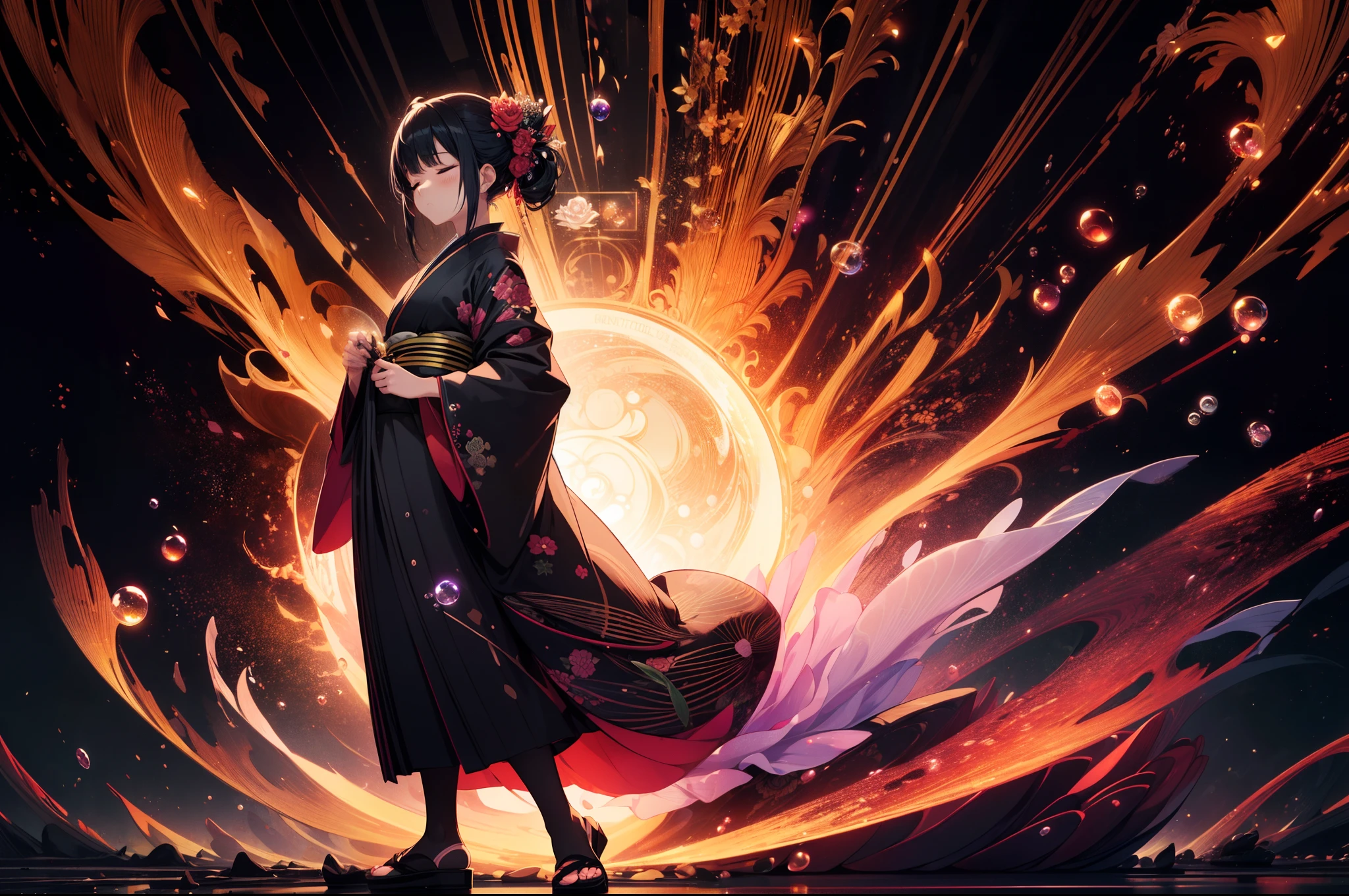 1 girl, very wide shot, standing on many black lotuses, full body ,many colorful soap bubbles, many vivid bubbles, black kimono, closed eyes,background darkness, high resolution,(incredibly absurdres),anime visual,extremely detailed CG unity 8k wallpaper, ((masterpiece)), ((top-quality)), (beautiful illustration), ((an extremely delicate and beautiful))