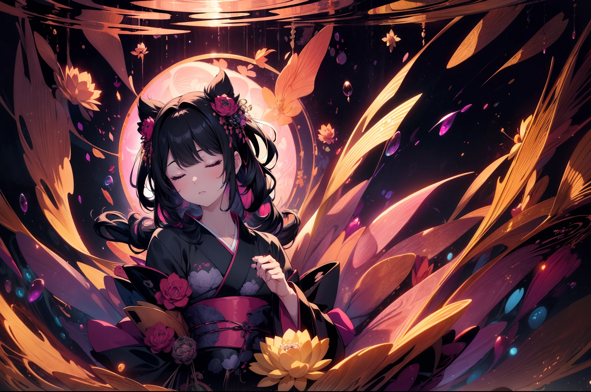 1 girl, very wide shot, floating on cluster of black lotuses ,many colorful soap bubbles, many vivid bubbles, black kimono, closed eyes,background darkness, high resolution,(incredibly absurdres),anime visual,extremely detailed CG unity 8k wallpaper, ((masterpiece)), ((top-quality)), (beautiful illustration), ((an extremely delicate and beautiful))