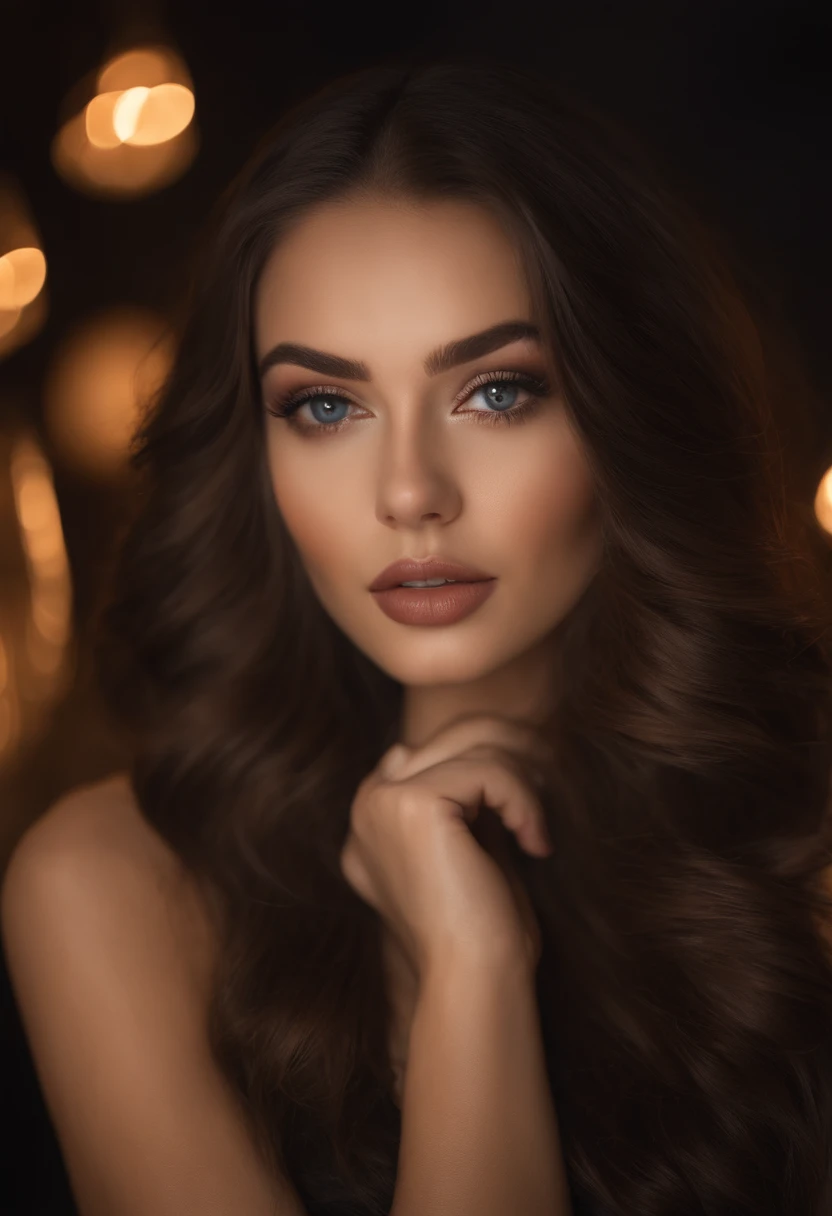 Arafed woman in evening dress, night club, fille sexy aux yeux bruns, Portrait Sophie Mudd, cheveux bruns et grands yeux, selfie of a young woman, Yeux de chambre, sans maquillage, maquillage naturel, looking straight at camera, Visage avec Artgram, Maquillage subtil, Superbe photo du corps entier,