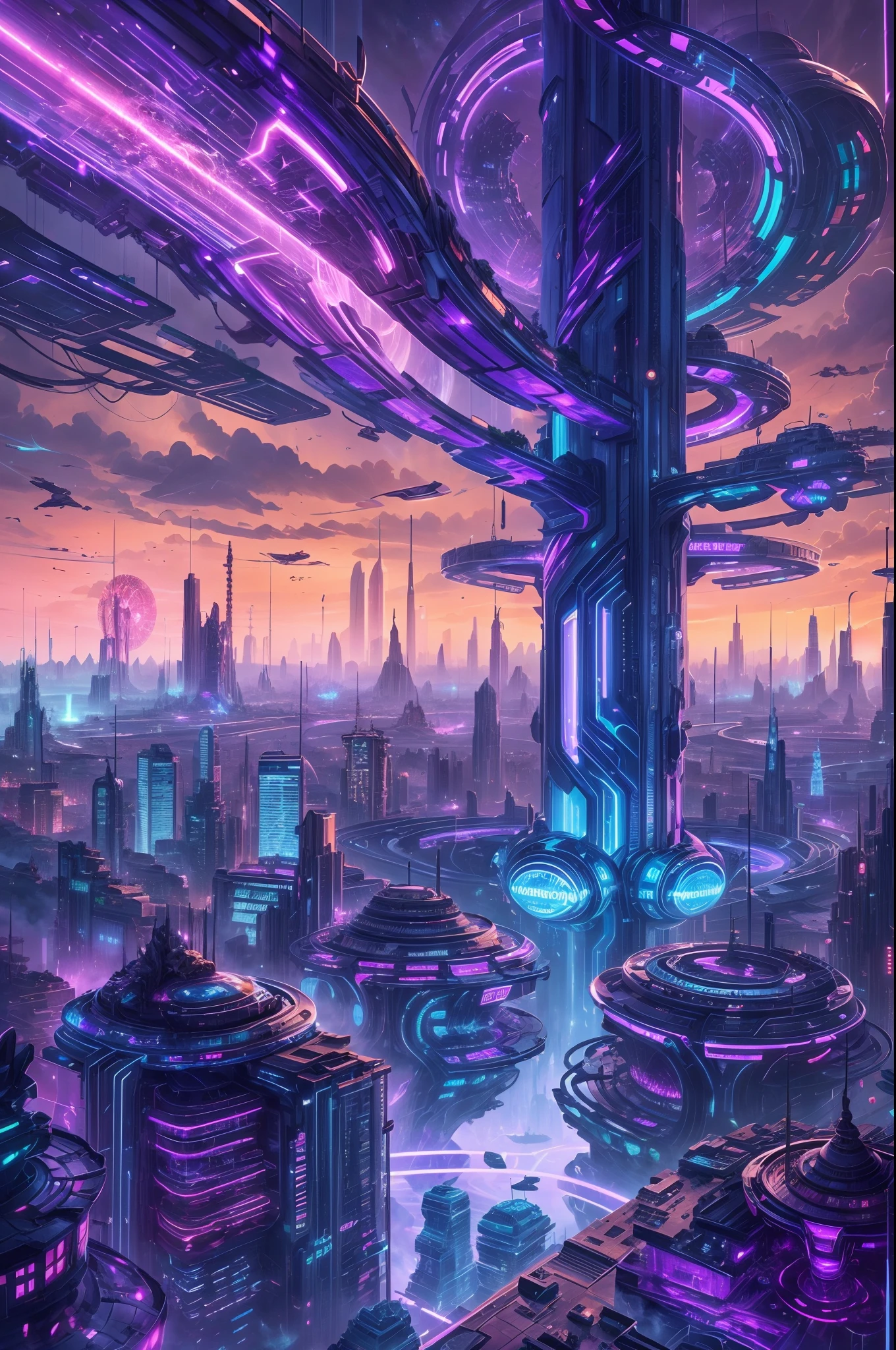 image of an otherworldly city, a futuristic city, a giant high tech pillar pierce the sky, on the body of the pillar countless of mechanic thicc and long branch, detailed futuristic houses on each branch, wide angle, ultra wide angle, capturing  all the unique city, glowing  purple and blue ray on pillar and branch, each branch is link together by high tech bridge, futuristic, night time, glowing the night, branch links together create a circular structure surround the big pillar,