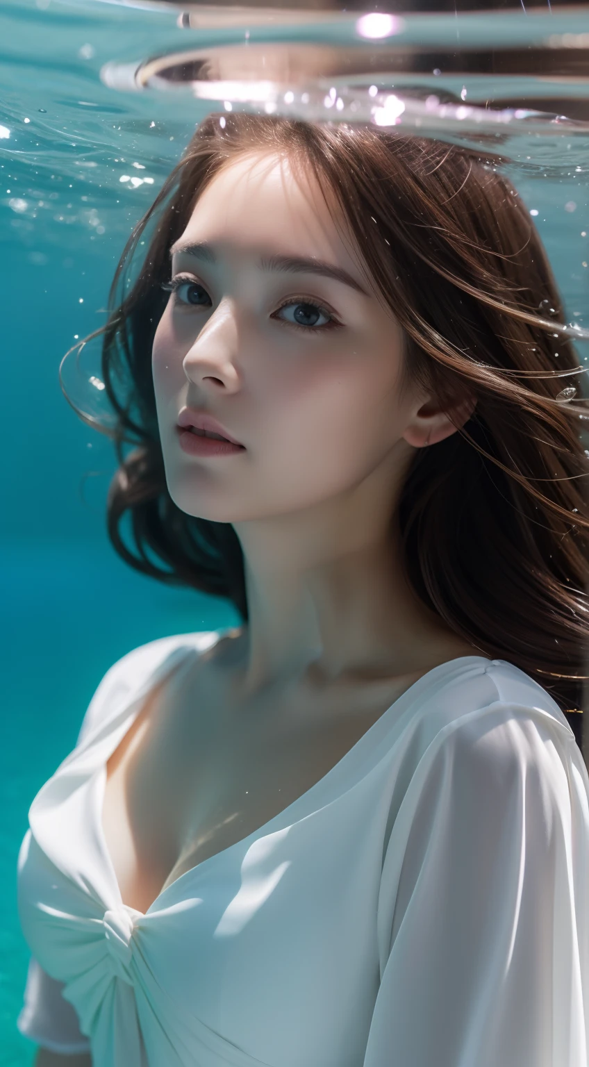 (RAW photo, Best quality), (Realistic, photo-realistic:1.2),High quality, 1girll,delicated face,evening formal robes,Under water