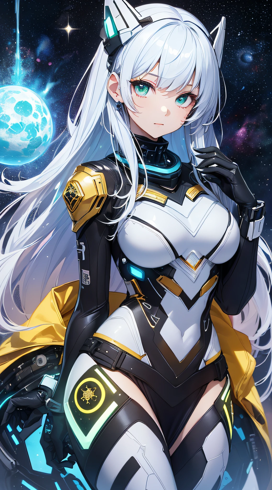 top-quality、Top image quality、​masterpiece、Android Girl((, Cybersuit glowing black, red and white、Blue energy source for the chest,Best Bust、Bust 90、Light blue shiny hair、Longhaire,Cyber Skirt、Blue-green eyes、open chest wide、Valley、Happiness、A slender、In frozen capsules、sleep)）hiquality、Beautiful Art、Background with((cosmic space))、masutepiece、Elaborate design、visualart、Theatrical films