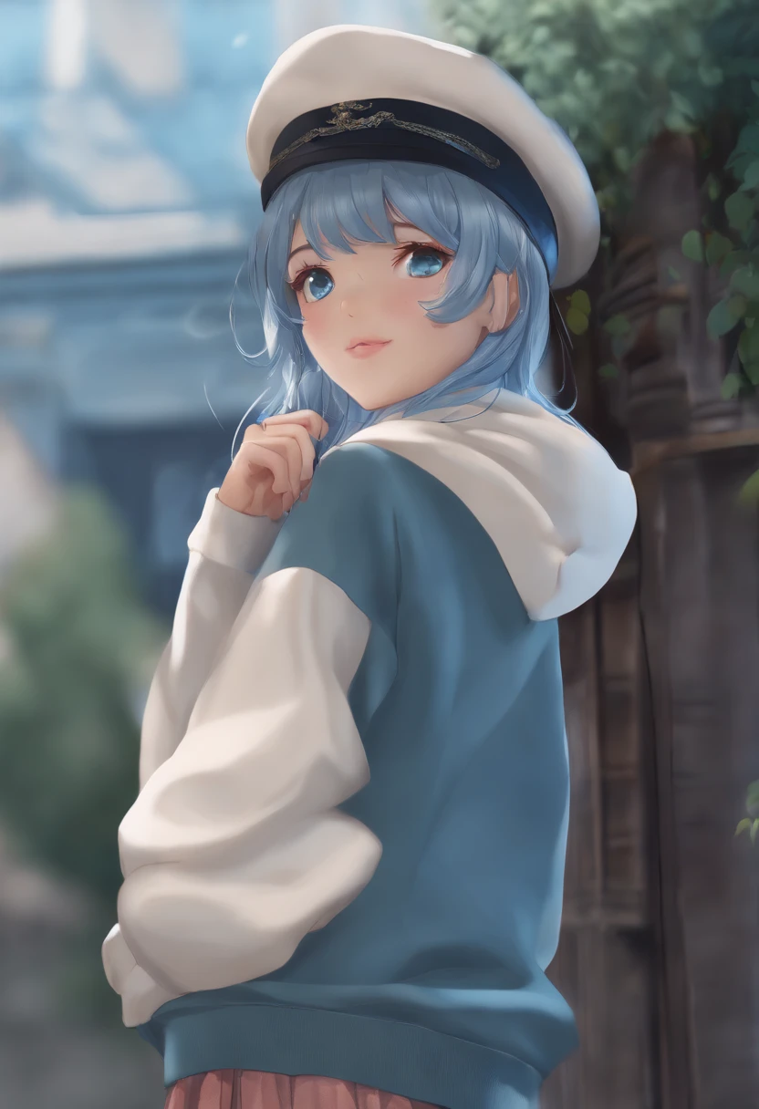 masterpiece, best_quality, 1girl, solo, bangs, female focus, flat chest, blue eyes, 1girl, (((sweatshirt))), sweatshirt (#e7f0ff), (off-shoulder), long sleeve, (((sleeve covering hand))), pleated skirt (#b0ceff), long hair, messy hair, straight hair, blue hair (#d7e6ff), background (#ffe6c7), beret, rough sketch, standing, blue background, (((ixy))), 12yo, loli