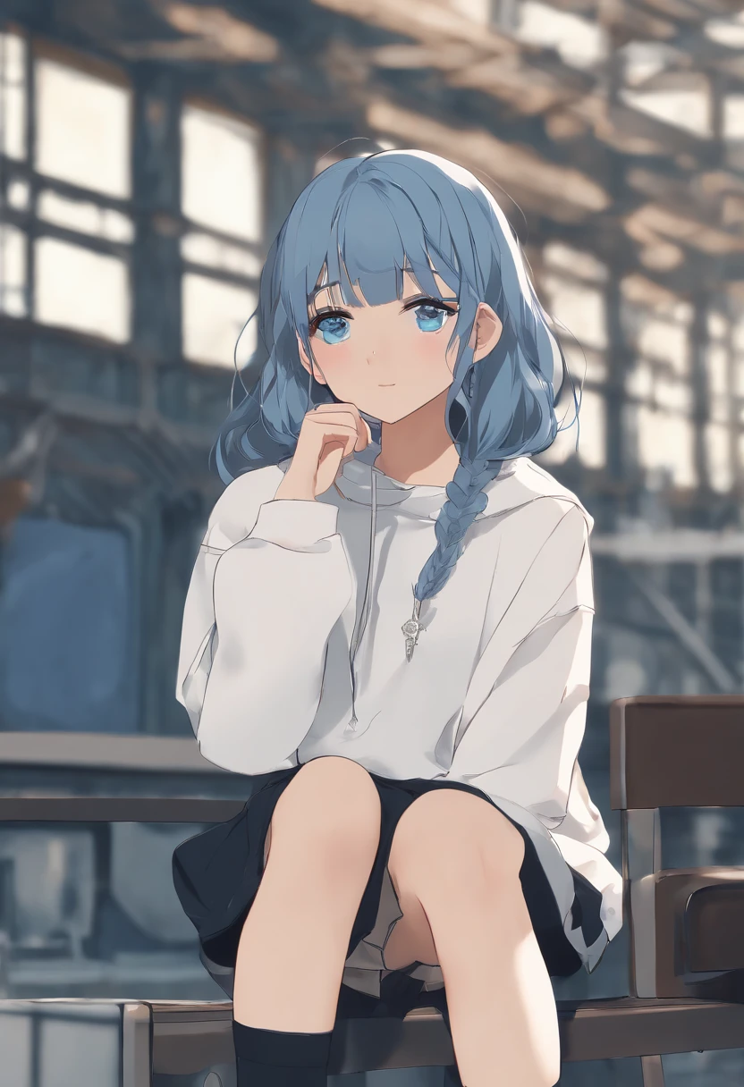 masterpiece, best_quality, 1girl, solo, bangs, female focus, flat chest, blue eyes, 1girl, (((sweatshirt))), sweatshirt (#e7f0ff), (off-shoulder), long sleeve, (((sleeve covering hand))), pleated skirt (#b0ceff), long hair, messy hair, straight hair, blue hair (#d7e6ff), background (#ffe6c7), beret, rough sketch, standing, blue background, (((ixy))), 12yo, loli