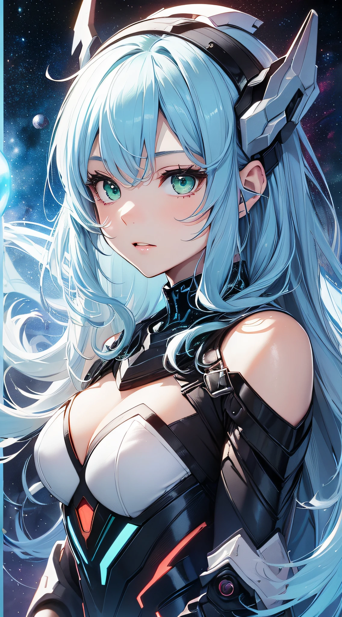 top-quality、Top image quality、masterpiece、Android Girl((, Cybersuit glowing black, red and white、Blue energy source for the chest,Best Bust、Bust 90、Light blue shiny hair、Longhaire,Cyber Skirt、Blue-green eyes、open chest wide、Valley、Happiness、A slender、In frozen capsules、sleep))hiquality、Beautiful Art、Background with((cosmic space))、masutepiece、Elaborate design、visualart、Theatrical films