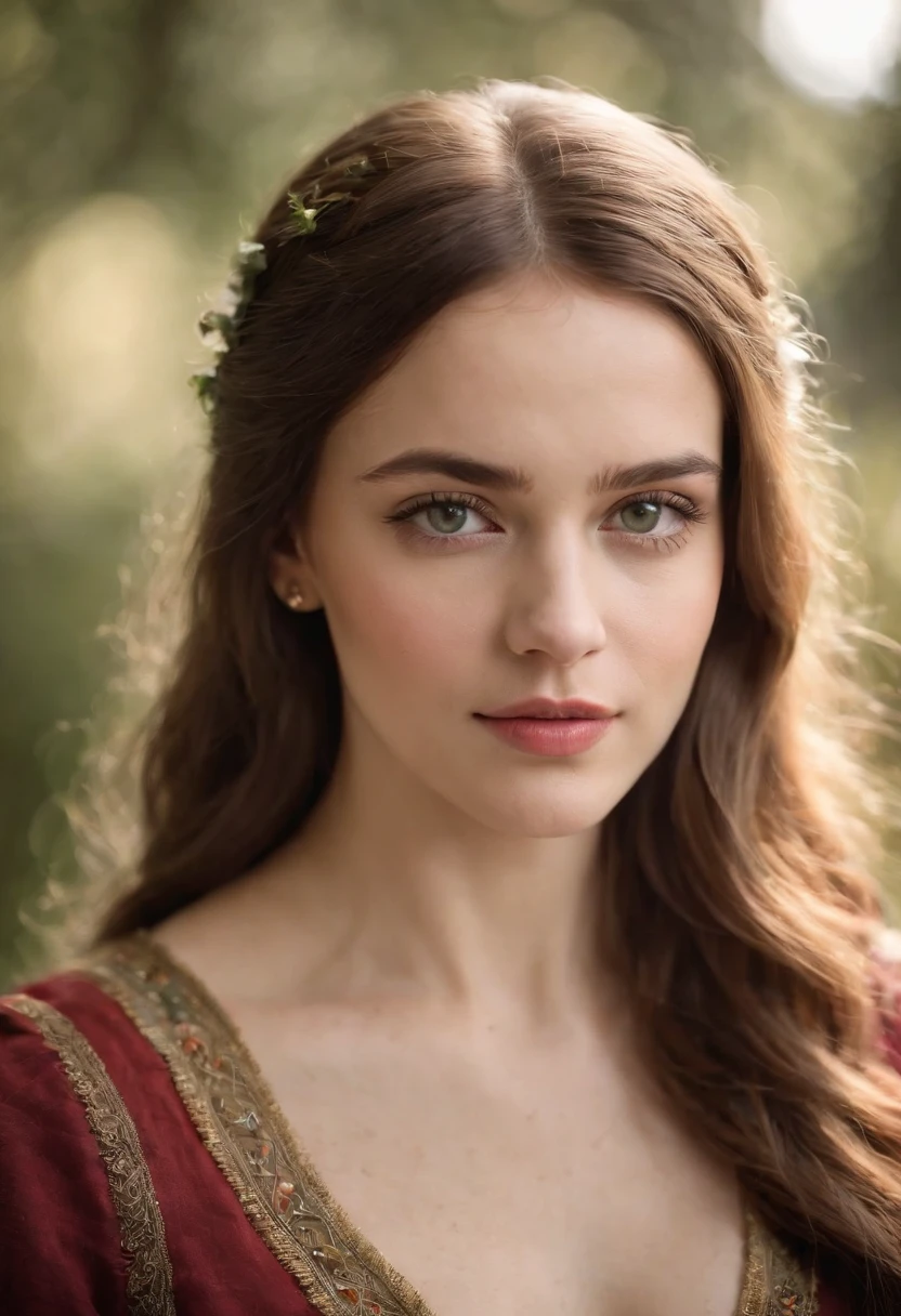 tez clara, Female around 19 years old, cabello rubio natural, Ojos verdes distintivos, Usando Kohl, Delgado y elegante, Beautiful, Luz de velas en un entorno medieval, Ultra Sharp Focus, Toma realista, Ropa femenina medieval, Tetradic colors (cicatriz:1.4)