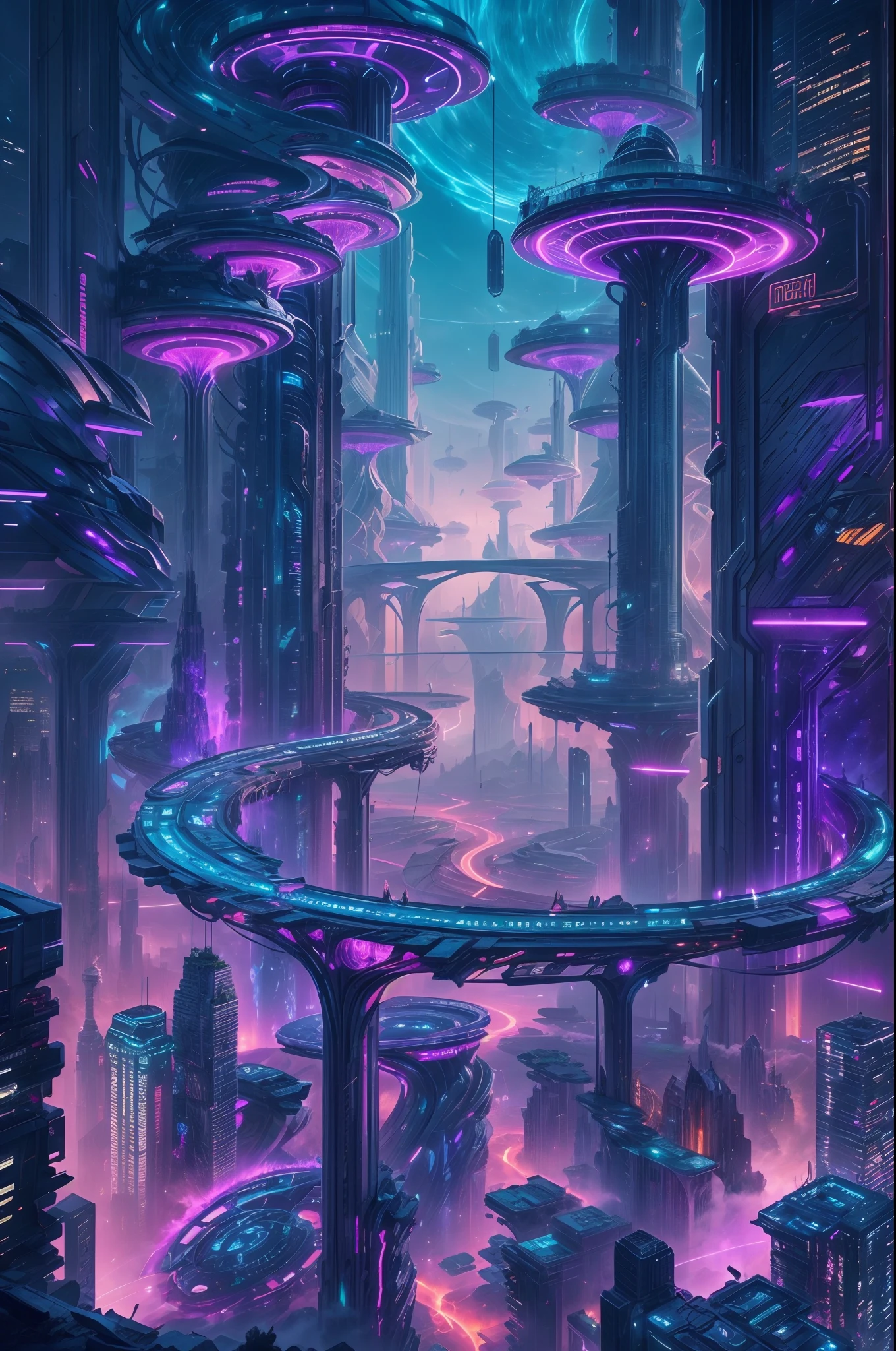 image of an otherworldly city, a futuristic city, a giant high tech pillar pierce the sky, on the body of the pillar countless of mechanic thicc and long branch, detailed futuristic houses on each branch, wide angle, ultra wide angle, capturing  all the unique city, glowing  purple and blue ray on pillar and branch, each branch is link together by high tech bridge, futuristic, night time, glowing the night, branch links together create a circular structure surround the big pillar,