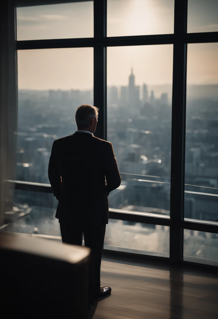 a middle aged male wearing a suit watching the city below in his penthouse through his window(8k resolution)
