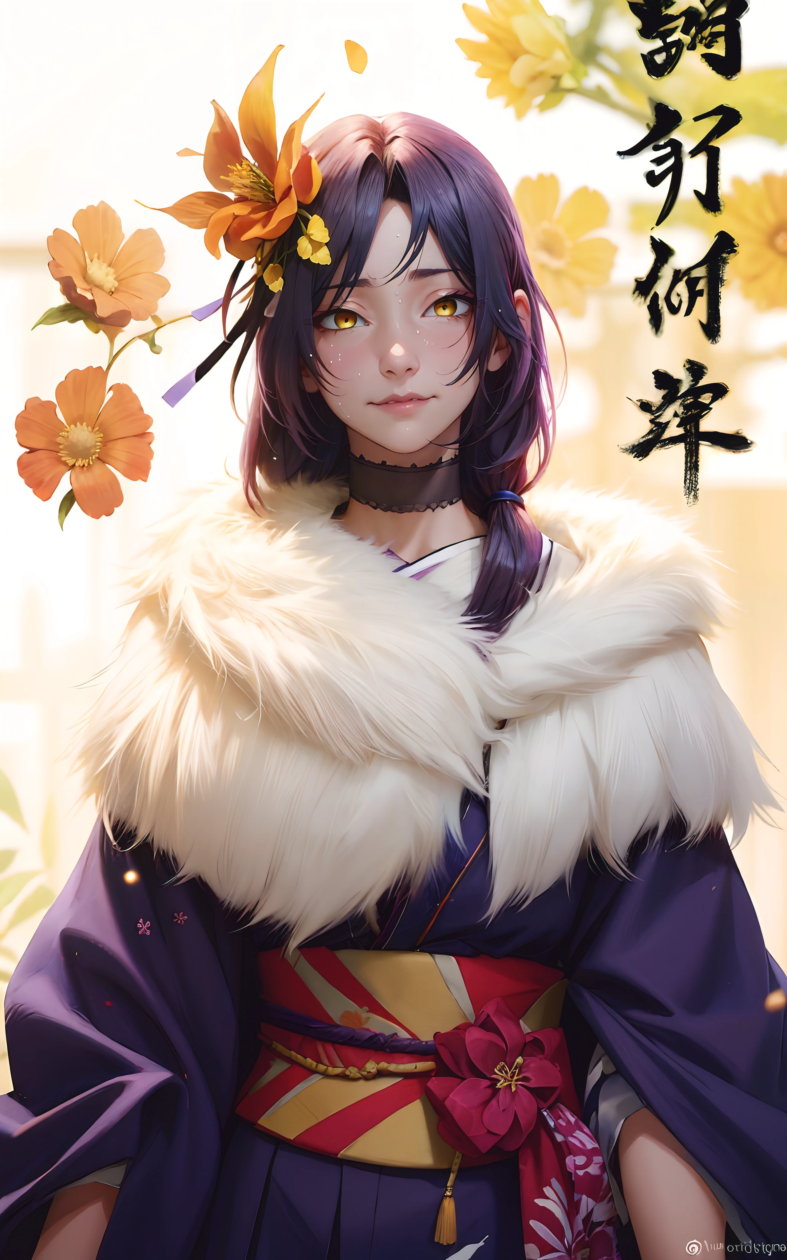 (black hair, long hair:1.7), yellow eyes, forehead, 1girl, japanese_clothes, kimono, hair_ornament, flower, solo, sash, hair_flower, obi, choker, looking_at_viewer, new_year, floral_print, fur_collar, lipstick, fur, makeup, fur_trim, glow effects, godrays, Hand drawn, render, 8k, octane render, cinema 4d, blender, dark, atmospheric 4k ultra detailed, cinematic, Sharp focus, big depth of field, Masterpiece, colors, 3d octane render, 4k, concept art, trending on artstation, hyperrealistic, Vivid colors, extremely detailed CG unity 8k wallpaper, trending on CGSociety, Intricate, High Detail, dramatic