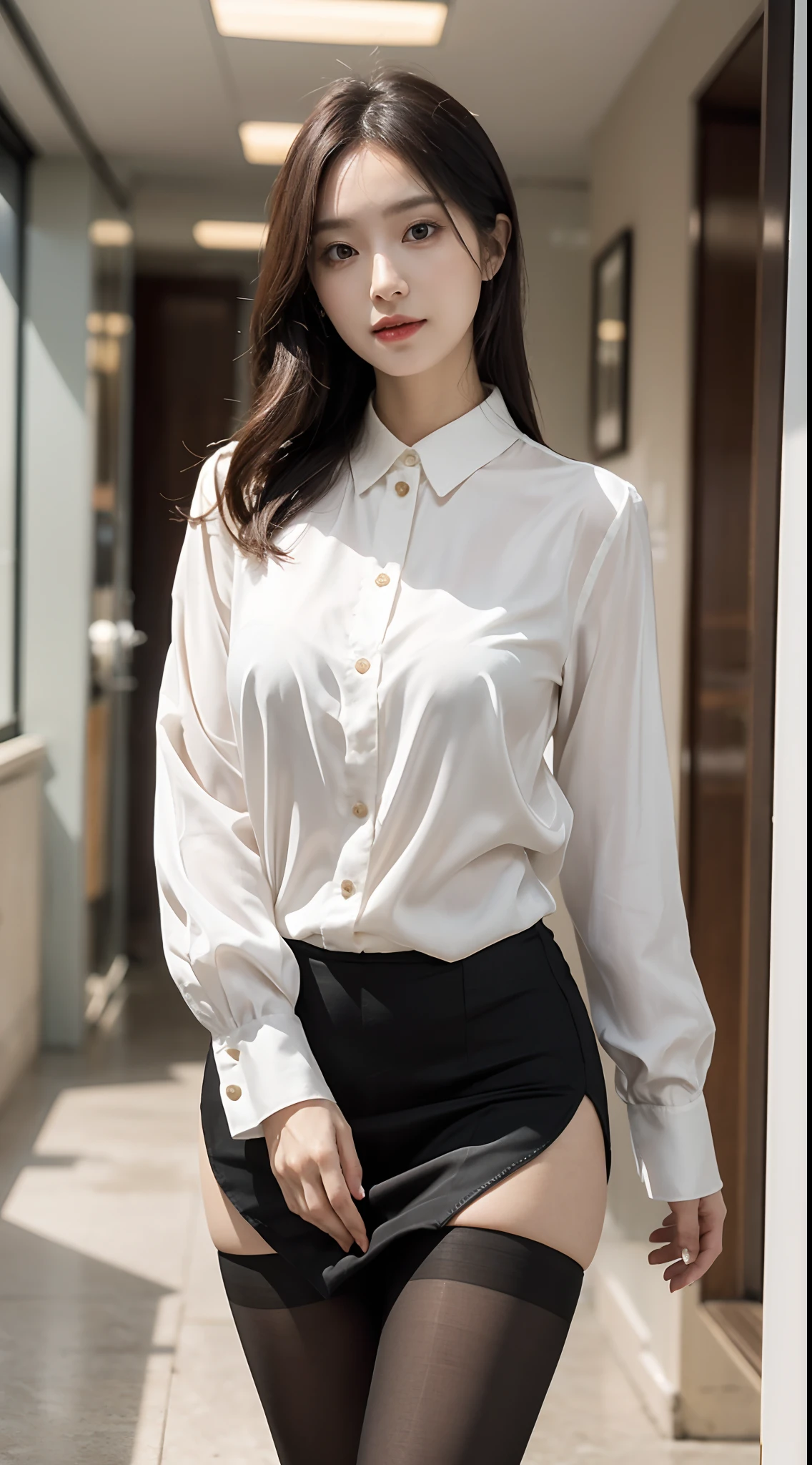 Highest quality、Highest quality、、masterpiece、Brown Hair、High Ponytail、Gal、summer、smile、Young Japanese Woman、White shirt、Office Lady、business suit、sexy、Slightly larger breasts、sexyな表情、Tight Skirt、I can see a little bit of underwear.、