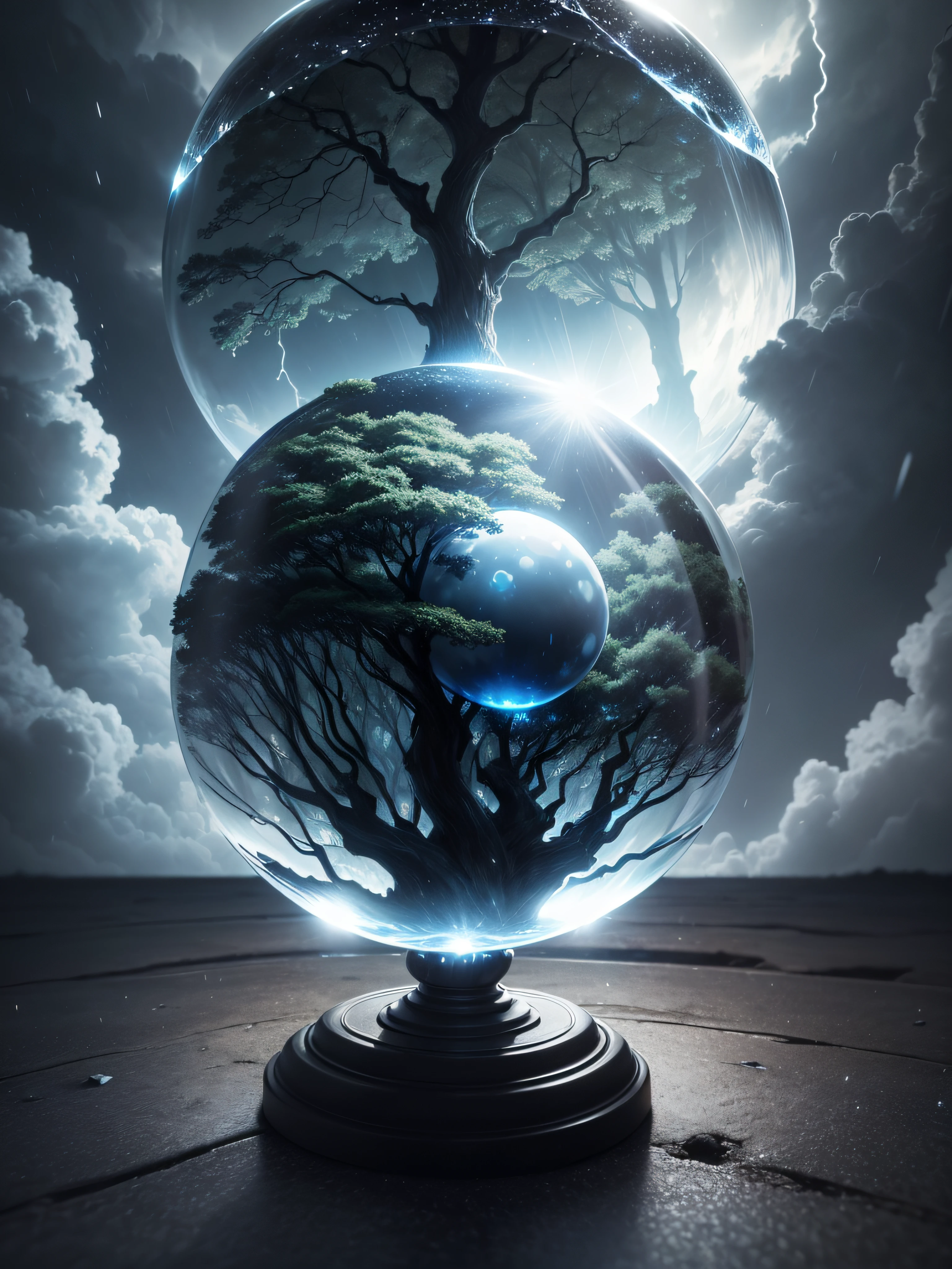 Ultra-realistic, 16K high resolution, (Max Sharp Focus: 1.3), (Max Close-up: 0.5), (World Tree trapped in a Crystal Perfect Ball with pedestal: 1.7), (Light, Storm, Black Clouds Shine into Dark Forest: 1.4)