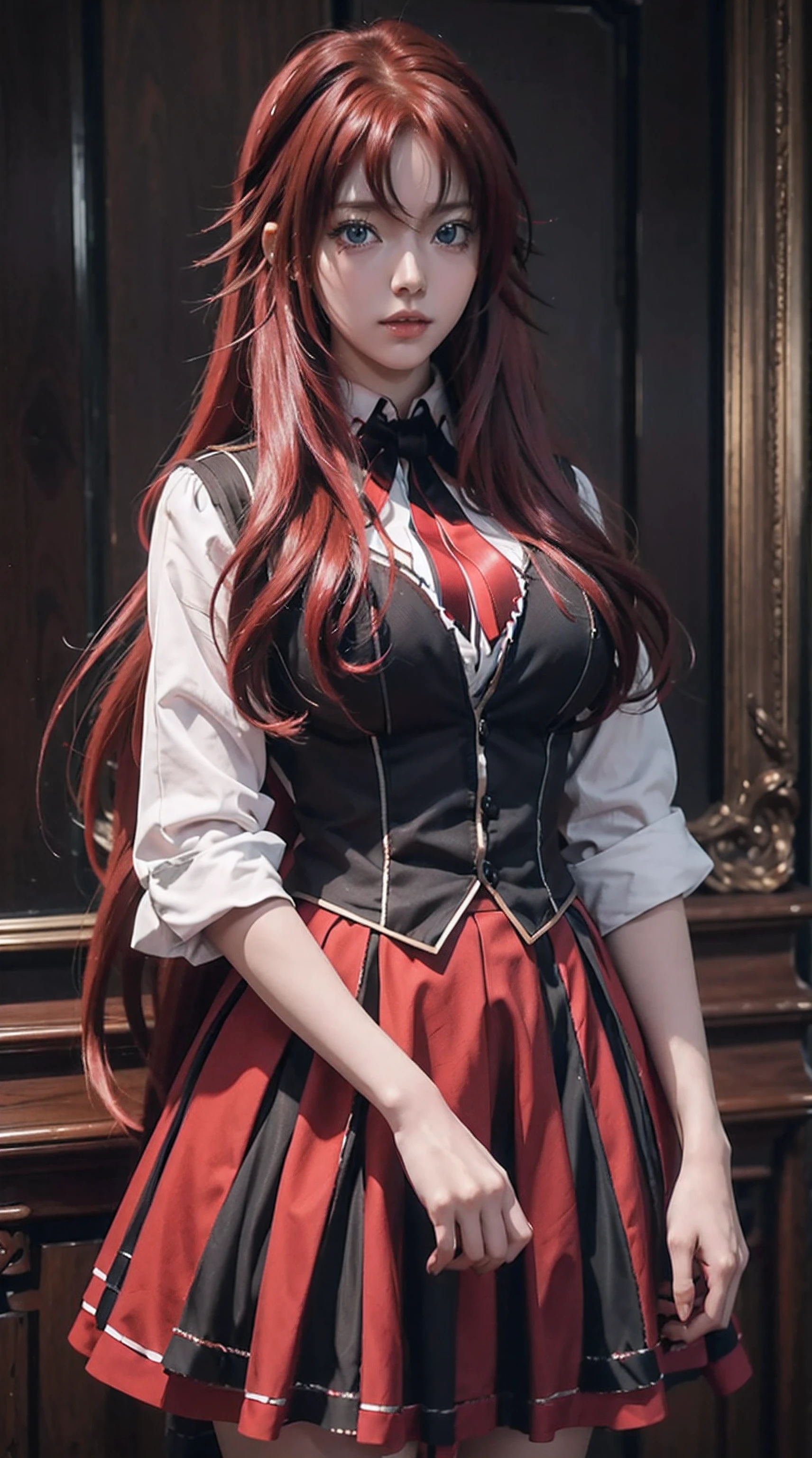 makeup gremory, red hair, long hair, blue eyes, school uniform, red skirt, beautiful, beautiful woman, perfect body, perfect breasts, slight smile, realism, masterpiece, textured skin, super detailed, high detail, high quality, best quality , 1080p, 16k