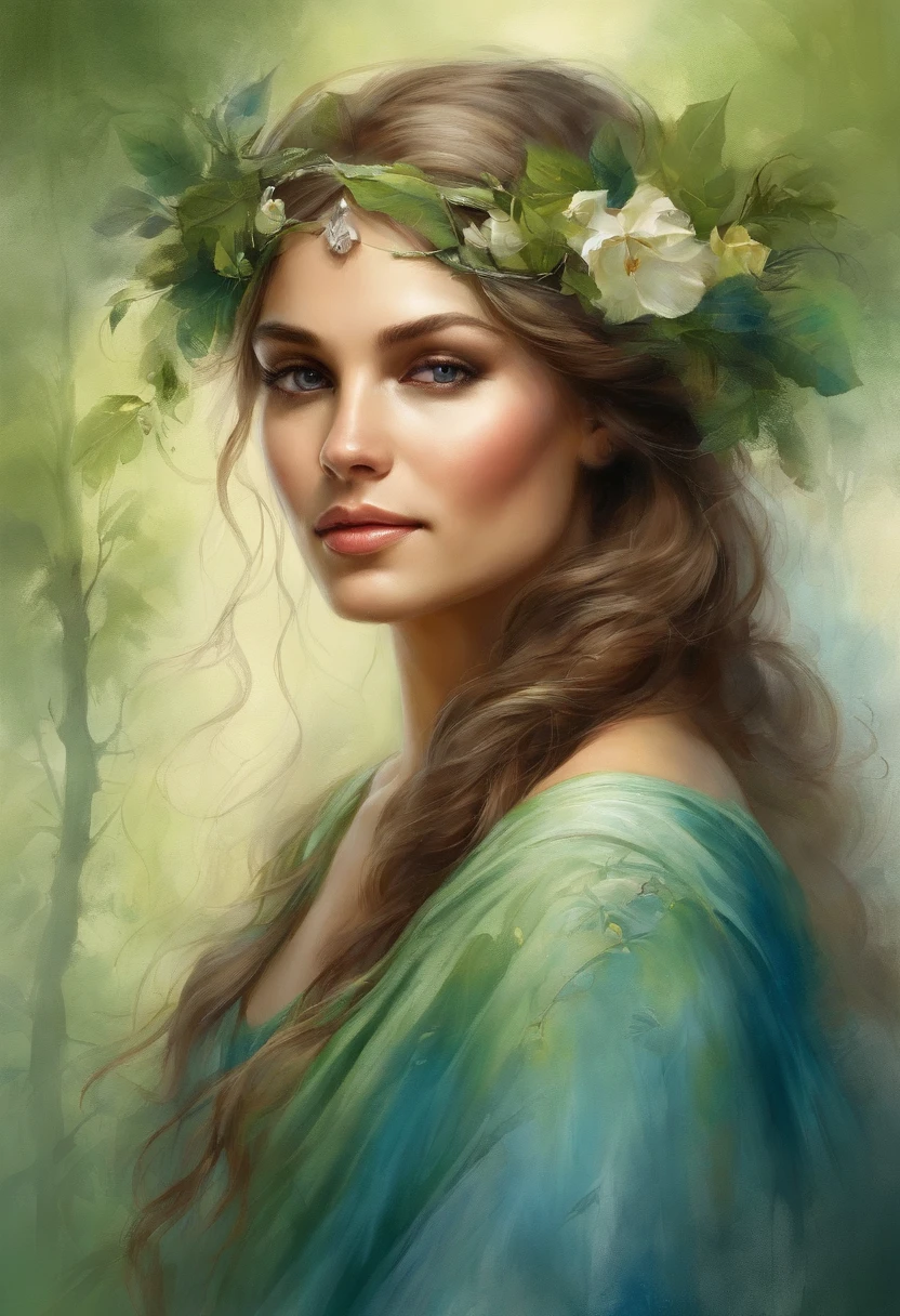 long flowing fabric for dresses, Clear Face Magary Villeneuve, magali villeneuve, inspired by Magali Villeneuve, graphic artist magali villeneuve, magali villeneuve and monet, charlie bowater and artgeem, Charlie Bauer and Tom Bagshaw, Darius Zawacki and Tom Bagshaw、goddess of the forest、Ancient costume in green、crown of flowers on the head,、Smile gently、Walking、a blond、lots of trees、Bright forest、Slav、Tall lady、blue eyess