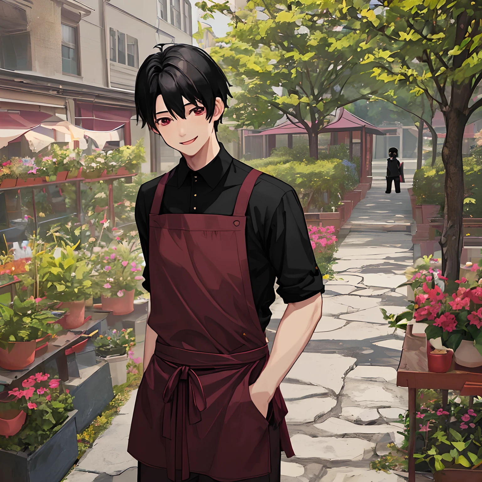 1boy, black hair, Black shirt, ((maroon apron)), brown trousers, masterpiece, park, outdoor , standing, Friendly, smile, masterpiece, curtain, male focus