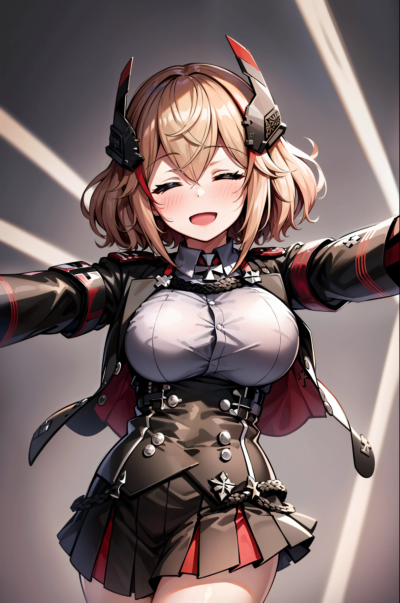 masterpiece, best quality, RoonV4, 1girl, solo, blush, smile, open mouth, simple background, shirt, long sleeves, white background, jacket, closed eyes, upper body, heart, black jacket, headgear, outstretched arms, cross, reaching towards viewer, iron cross