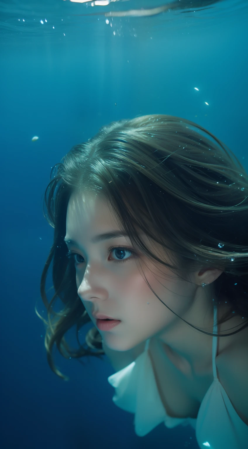 (RAW photo, Best quality), (Realistic, photo-realistic:1.2),High quality, 1girll,delicated face,evening dress,Under water