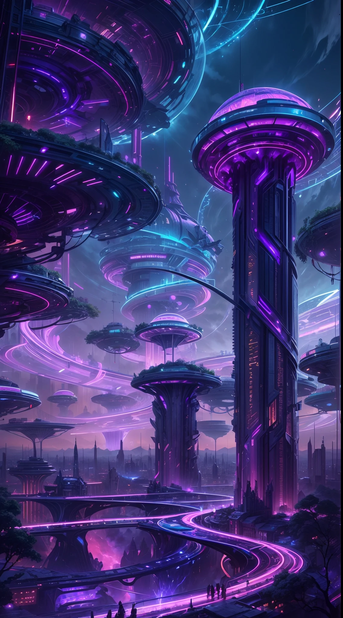 image of an otherworldly city, a futuristic city, a giant high tech pillar pierce the sky, on the body of the pillar countless of mechanic thicc and long branch, detailed futuristic houses on each branch, wide angle, ultra wide angle, capturing  all the unique city, glowing  purple and blue ray on pillar and branch, each branch is link together by high tech bridge, futuristic, night time, glowing the night, branch links together create a circular structure surround the big pillar,