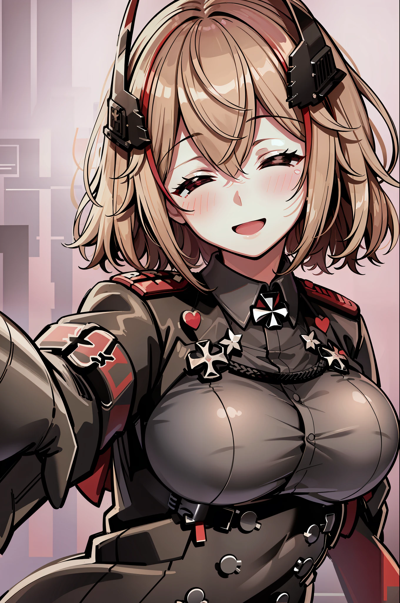 masterpiece, best quality, RoonV4, 1girl, solo, blush, smile, open mouth, simple background, shirt, long sleeves, white background, jacket, closed eyes, upper body, heart, black jacket, headgear, outstretched arms, cross, reaching towards viewer, iron cross