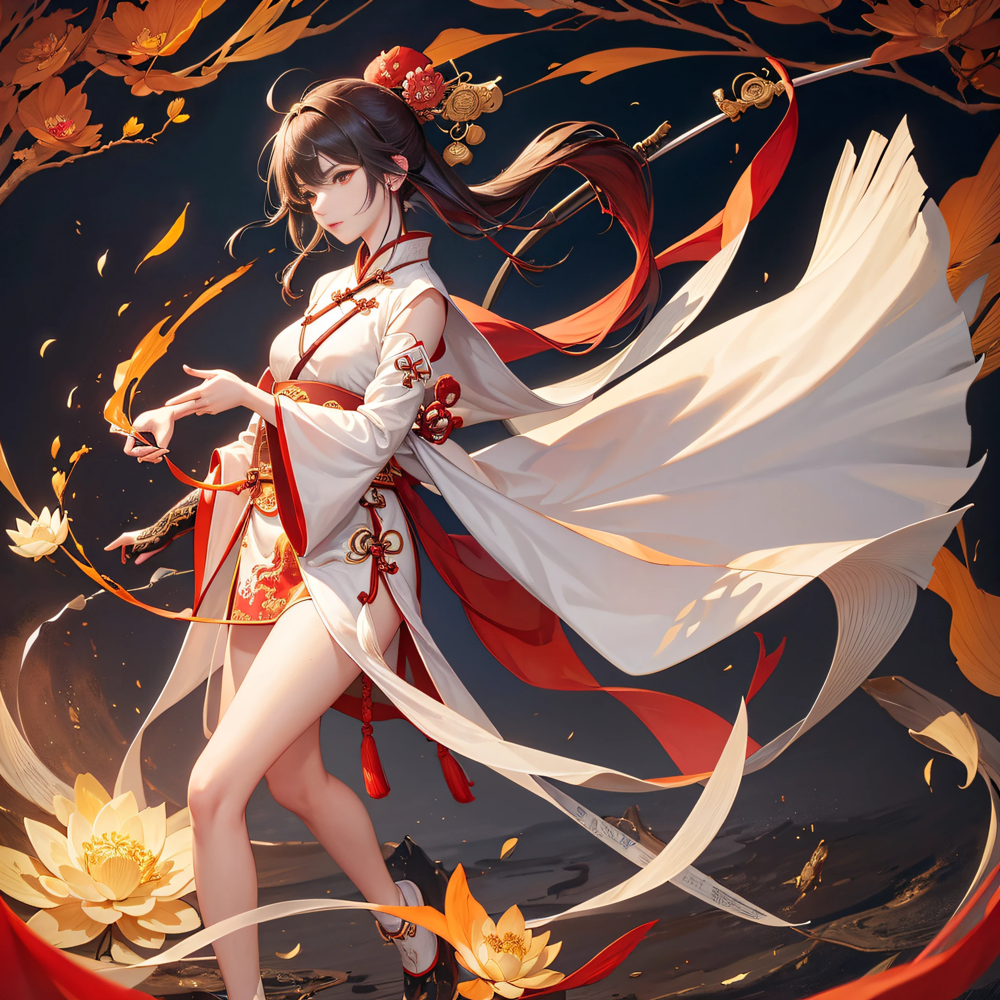 high resolution , Best quality , UHD , ultra-detailed , fullbody shot , Wuxia , Hanfu , Chinese ink , Chinese calligraphy , Ancient Chinese sword , Red-crowned crane , Chinese painting , lnk and wash painting , Daoism , Lotus , Mamoru Oshii , Akihiko Yoshida --niji 5 --ar 1:1