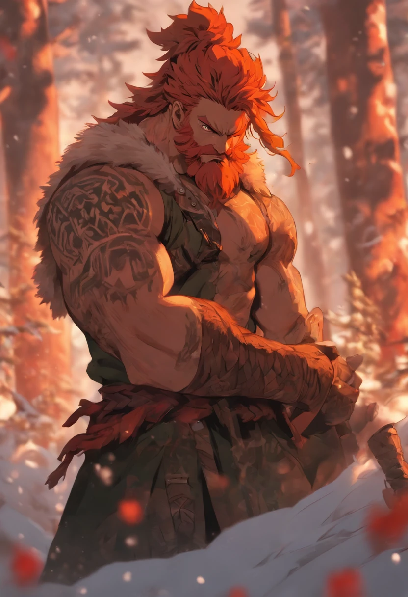 man, Viking, short stature, Age 60 years, strong, thick, big breasts, big belly, Red hair, big red beard, thick body hair, густые Red hair на груди, густые Red hair на животе, густые Red hair на лобке, густые Red hair на яйцах, thick hair on arms, thick hair on legs, tattoos on body, Tattoos on the torso, very shy, In the woods, birch trees, nature, without outerwear, in a short skirt made of skin made of green fabric, the skirt is held up by a leather belt with a gold buckle 