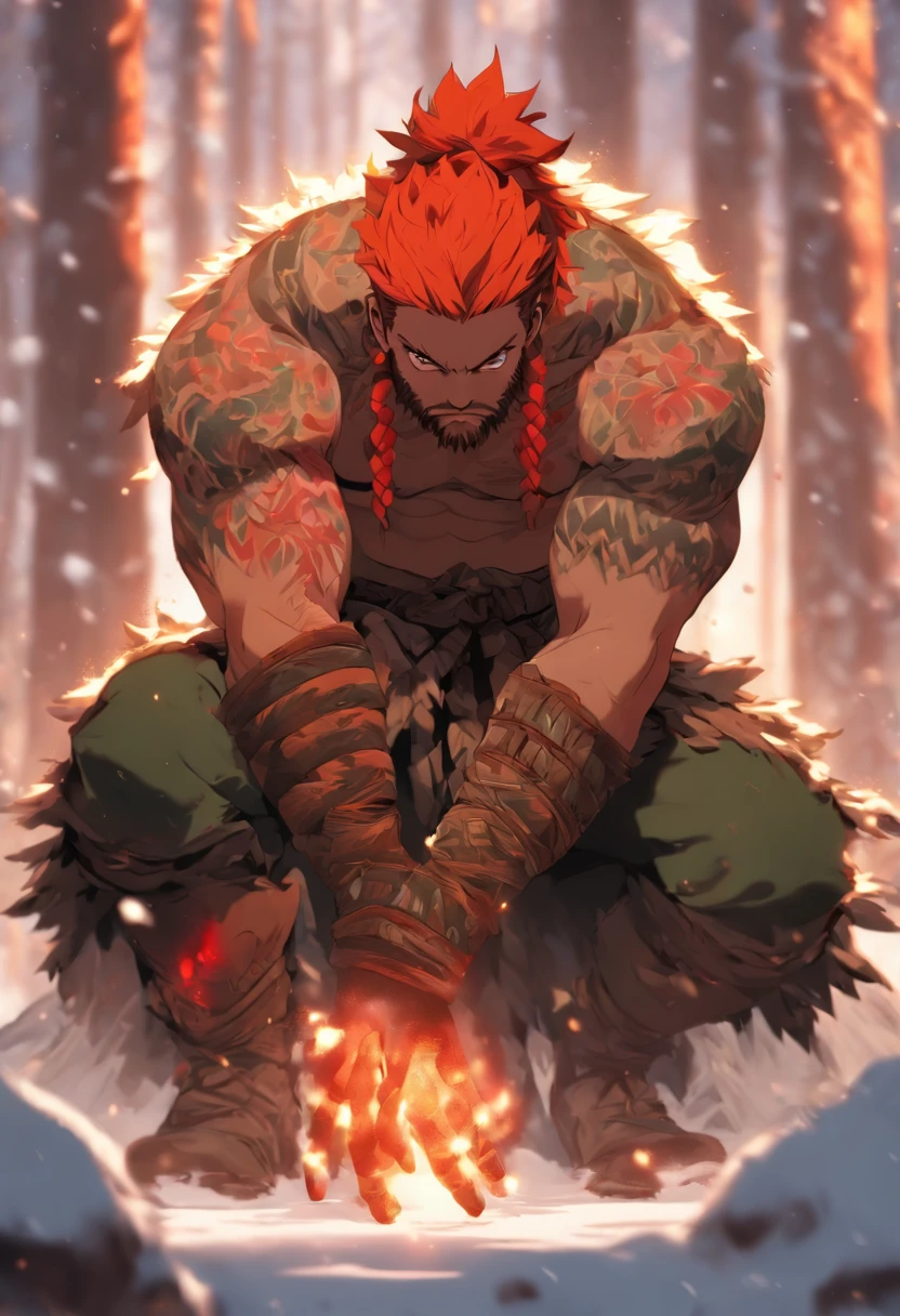 (((Man with amputated arm )))best quality, very high resolution, 4K detailed CG, master piece, Tyr, Nordic warrior, red beard, amputated hand, amputated arm, only one arm, blood, only one hand, amputation, snow, nordic, ((amputated arm on the ground)), expression of pain, forest, nordic mythology, without an arm, nordic tattoos, beautiful aesthetics, just one arm, beautiful image, centered on the screen