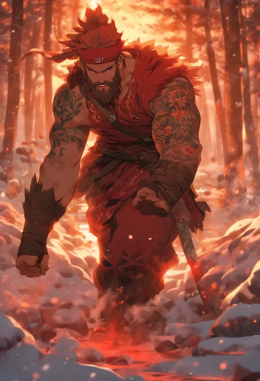 (((Man with amputated arm )))best quality, very high resolution, 4K detailed CG, master piece, Tyr, Nordic warrior, red beard, amputated hand, amputated arm, only one arm, blood, only one hand, amputation, snow, nordic, ((amputated arm on the ground)), expression of pain, forest, nordic mythology, without an arm, nordic tattoos, beautiful aesthetics, just one arm, beautiful image, centered on the screen