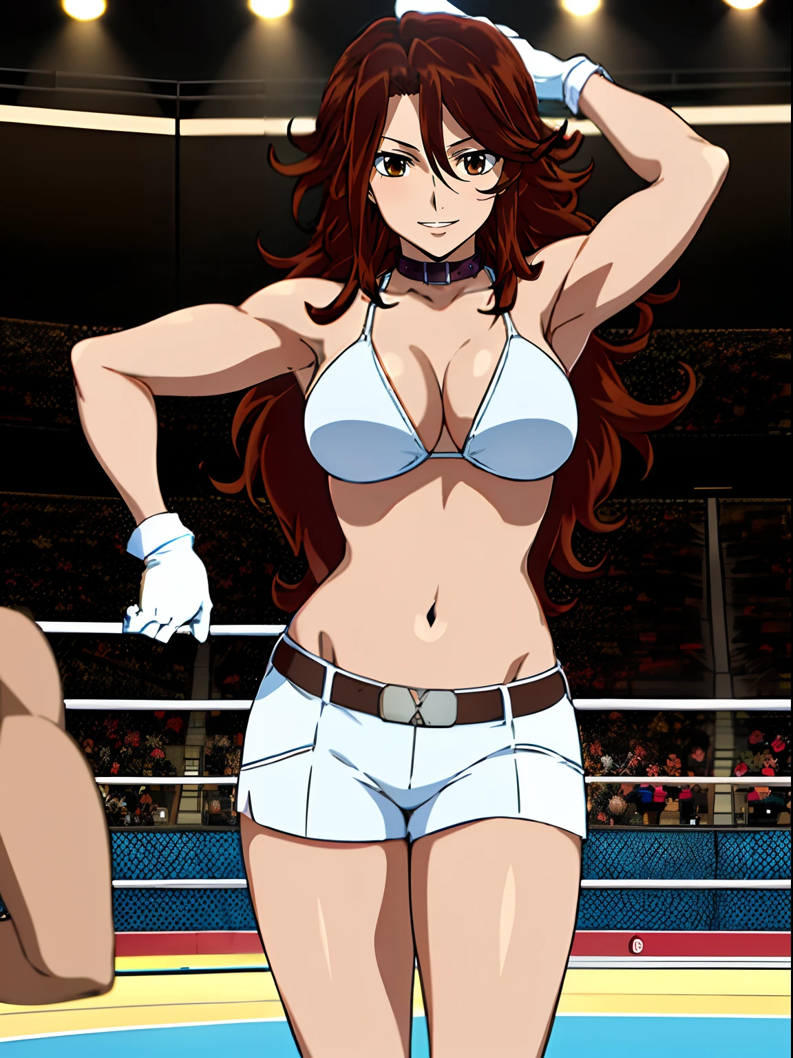 , body view, anime style: 1.8, anime drawing, ultra detailed face, ultra detailed body, , 4k, Sumergai Lee Noriega, (standing), best quality, anime style, hires, highest definition, digital blending, bold drawing lines, ((slim waist, female wrestler), (location: wrestling arena, crowds watching), ( slim body, athletic , little biceps, thighs, off-shoulders, (curvy: 6.8), lighting, spot lights, very shiny skin), ((white bikini, shorts, groin, , white gloves, collar, belt)), victorious, winner, , (very big round breasts, smile), (big eyes, brown eyes), (clapping), (brown hair, loose hair, curly hair, wavy hair, long hair, missy hair), 27 years old, (dancing)