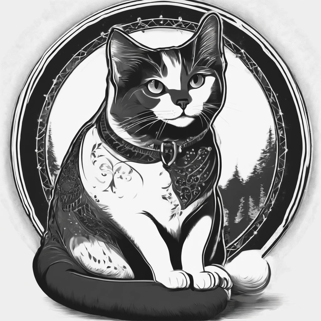 Cat in the circle,a closeup,(without background:1.5),T-shirt logo,Sticker Logo,Cutting art,black-and-white