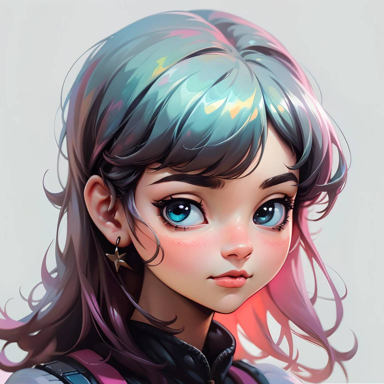 (Best quality,4K,8K,A high resolution,Masterpiece:1.2),Ultra-detailed,(Realistic,Photorealistic,photo-realistic:1.37),illustration,1 girl, Pink and light blue, bangs, Semi-long hairstyle, Expressive eyes, Different environments, White background, Various expressions