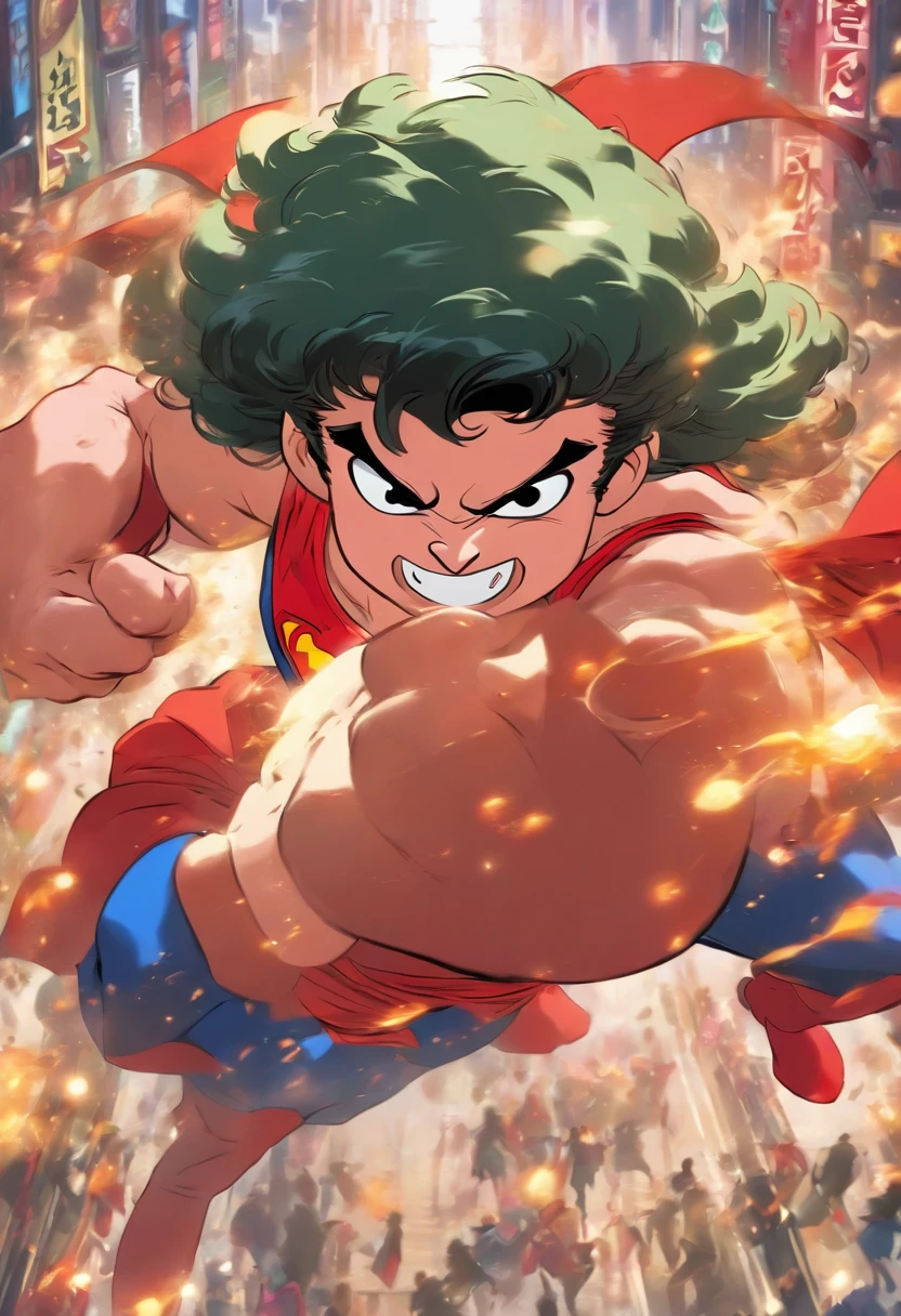 "I want you to design a poster featuring a pig in a Ranma 1/2 style, dressed as Superman."