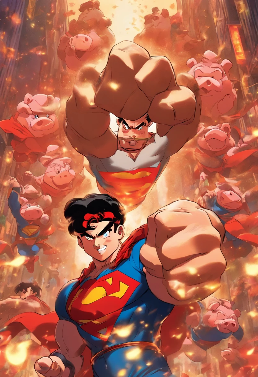 "I want you to design a poster featuring a pig in a Ranma 1/2 style, dressed as Superman."