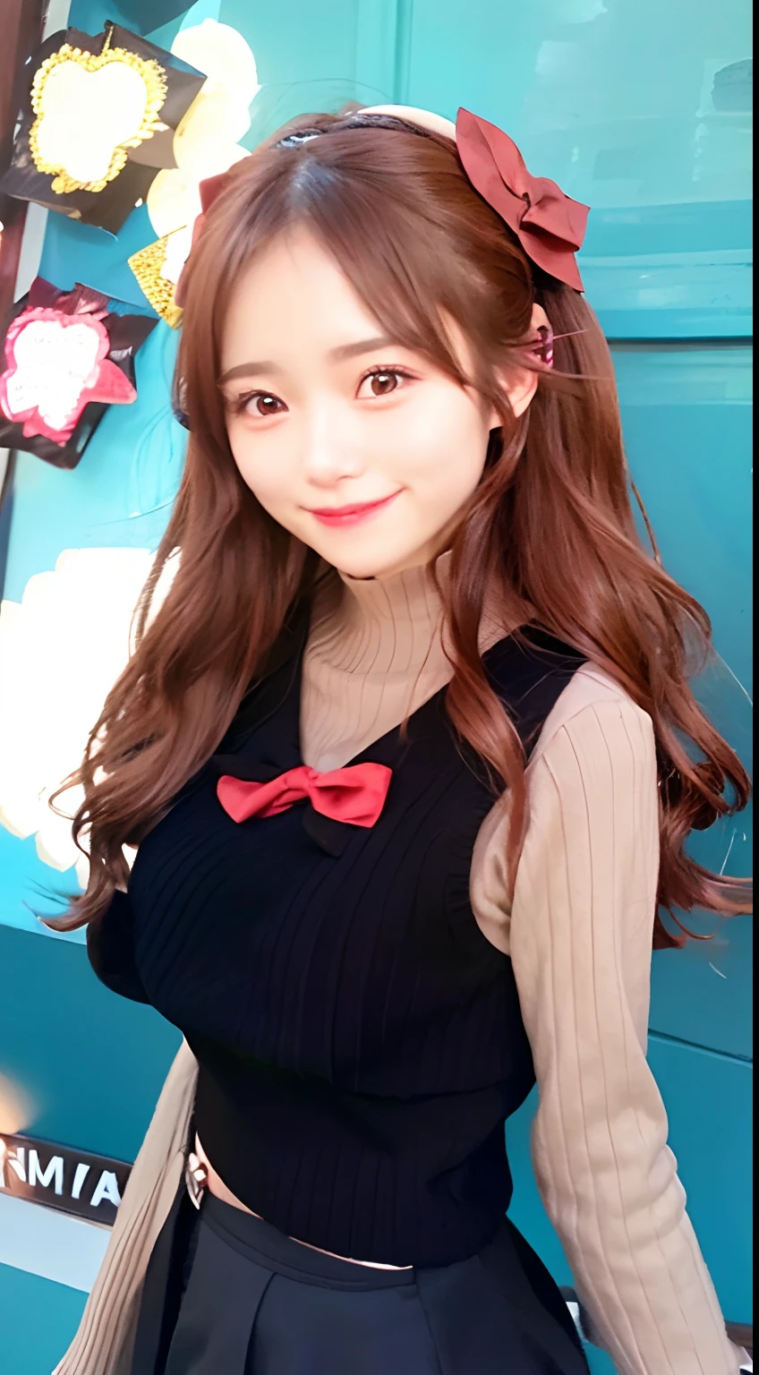 1 smiling girl with closed eyes, wearing light brown clothes, wearing a black sweater, wearing a red bow tie, long hair, reddish brown hair, realistic, very detailed