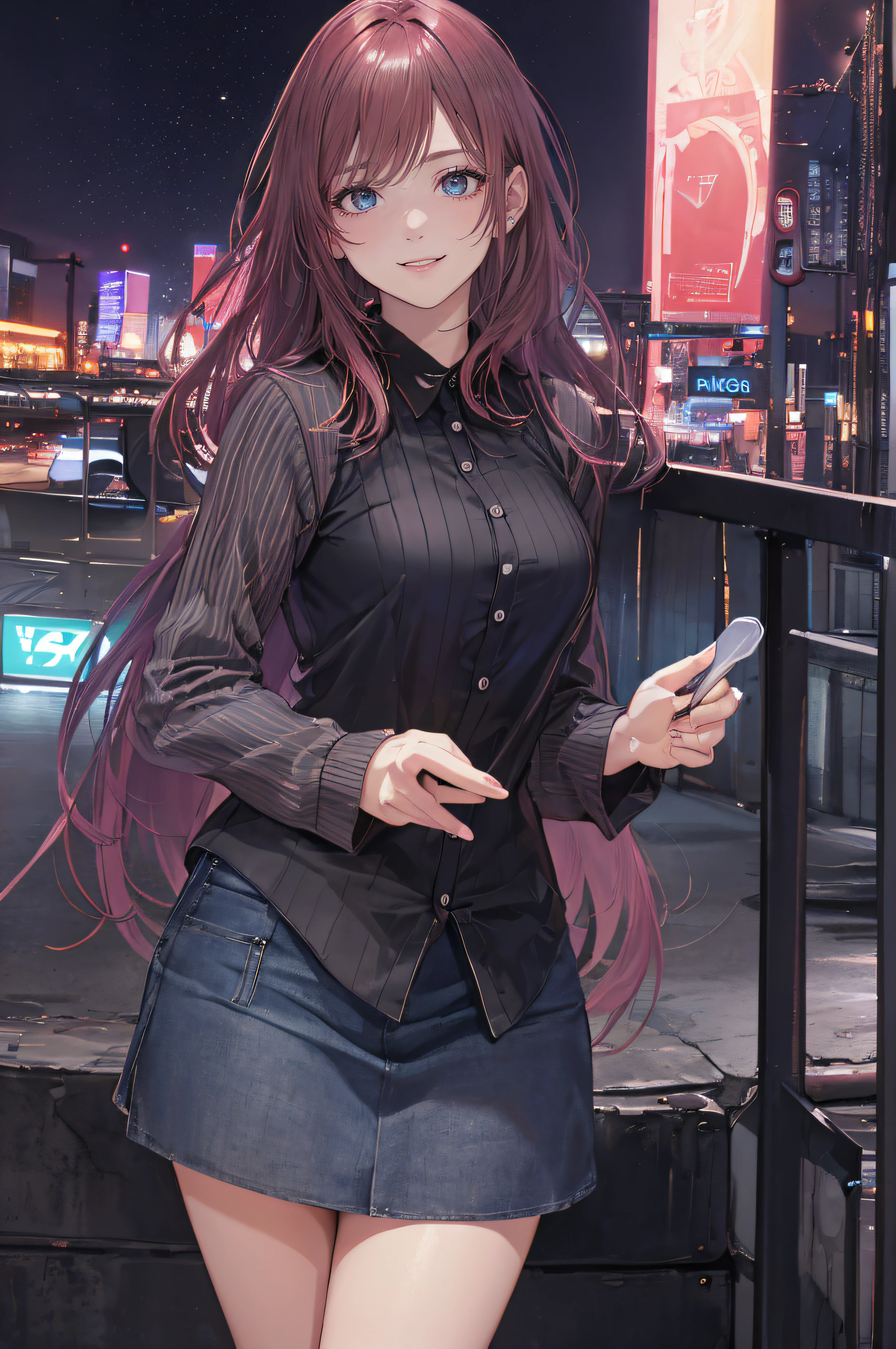 ((A beautiful and cute woman is changing her clothes)), ((A 22-year-old beauty)), ((A shy smile)), ((Long shiny hair)), ((A plump bust)), ((Miniskirt)), ((Blouse)), ((Gradient eyes)), ((The background is a night view of the city)), Attractive makeup, Single view, NFFSW, UHD, Retina, Masterpiece, Accurate, Anatomically, Scientifically Correct, Textured Skin, Super Detail, High Detail, High Quality, Award Winning, Top Quality, High Resolution, 1080P, HD, 4K, 8k, 16k