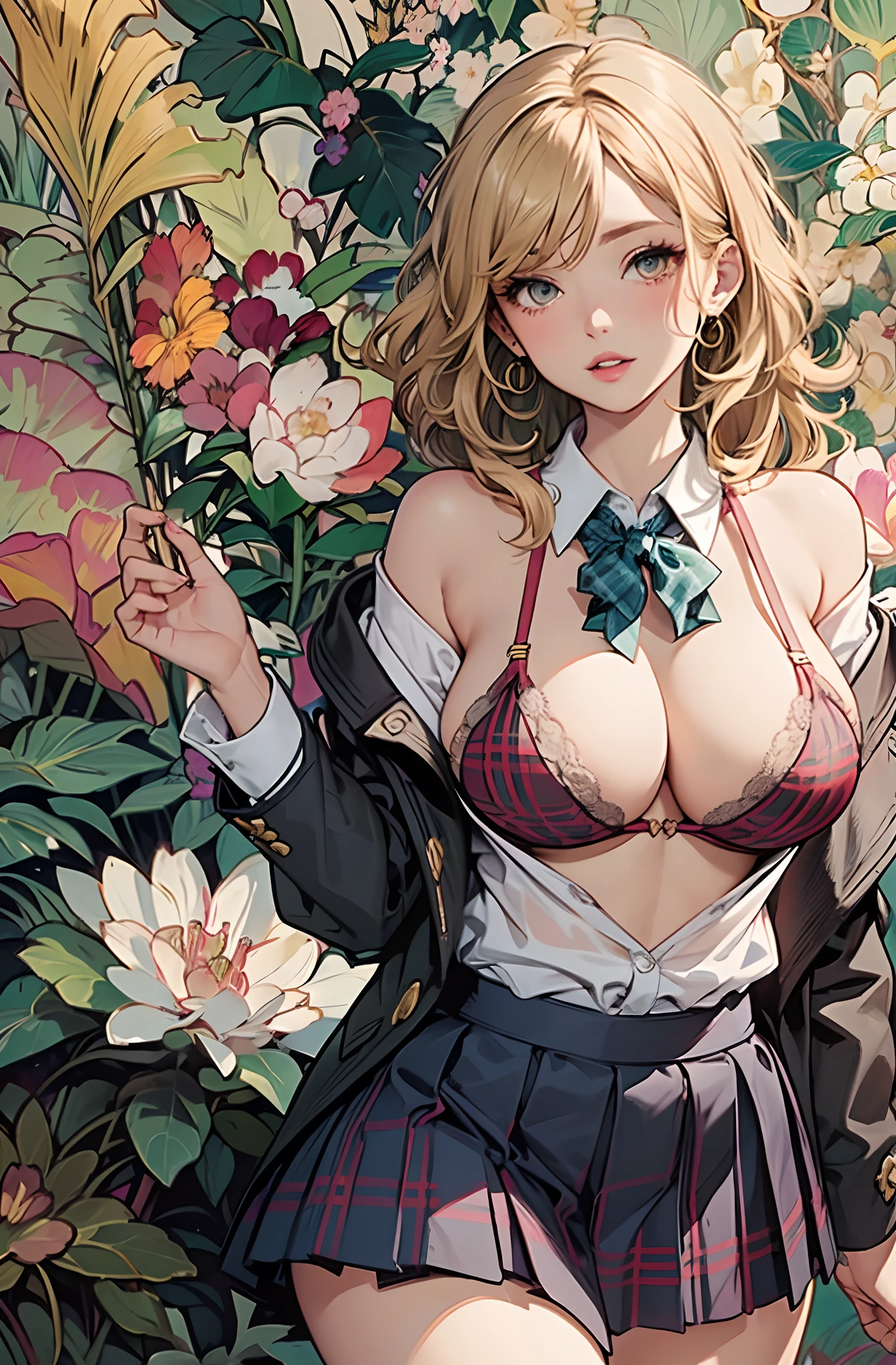 off shoulder:1.5,nude,nude bra,Lower breast,hason,The bikini,
(by mucha:1.2),detailed background,art deco,Beautiful landscape painting,Botanical Art,Floral Art,(floral:1.2),
(masterpiece, best quality),vibrant colors,colorful, highest quality, amazing details, anatomically correct,
lineart, depth of fields,flat shading,bokeh,
(wavy hair,blonde hair),(thighs),(huge tit),Perfect style,Thin leg,
(school uniform:1.5),(school uniform Blazer),(black-Blazer),(school uniform plaid skirt),
open clothes,