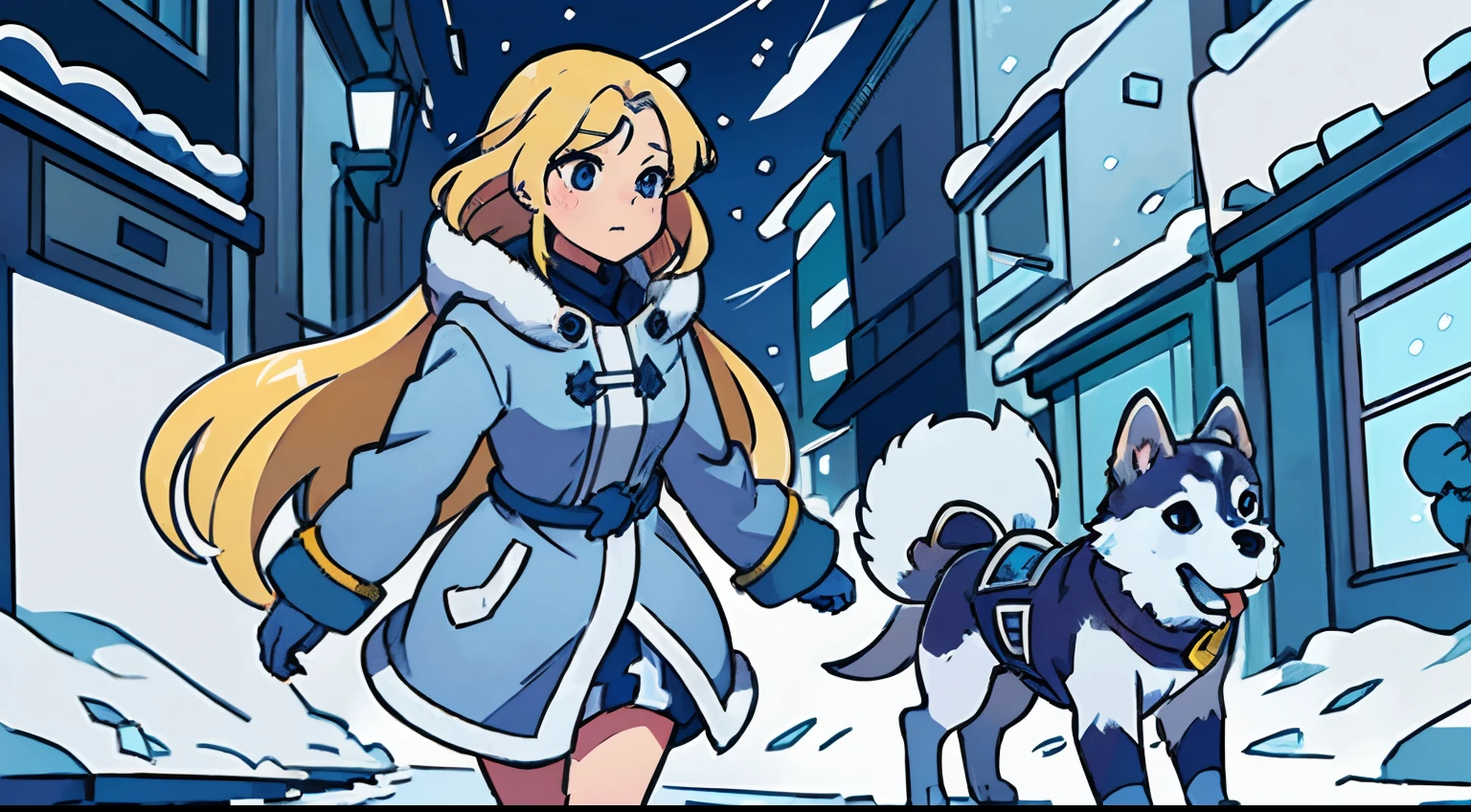 perfect dramatic camera angle anime illustration, portrait of a funny pretty woman with blonde hair and blue winter coat walking through the city with blue-white husky, detail illustration