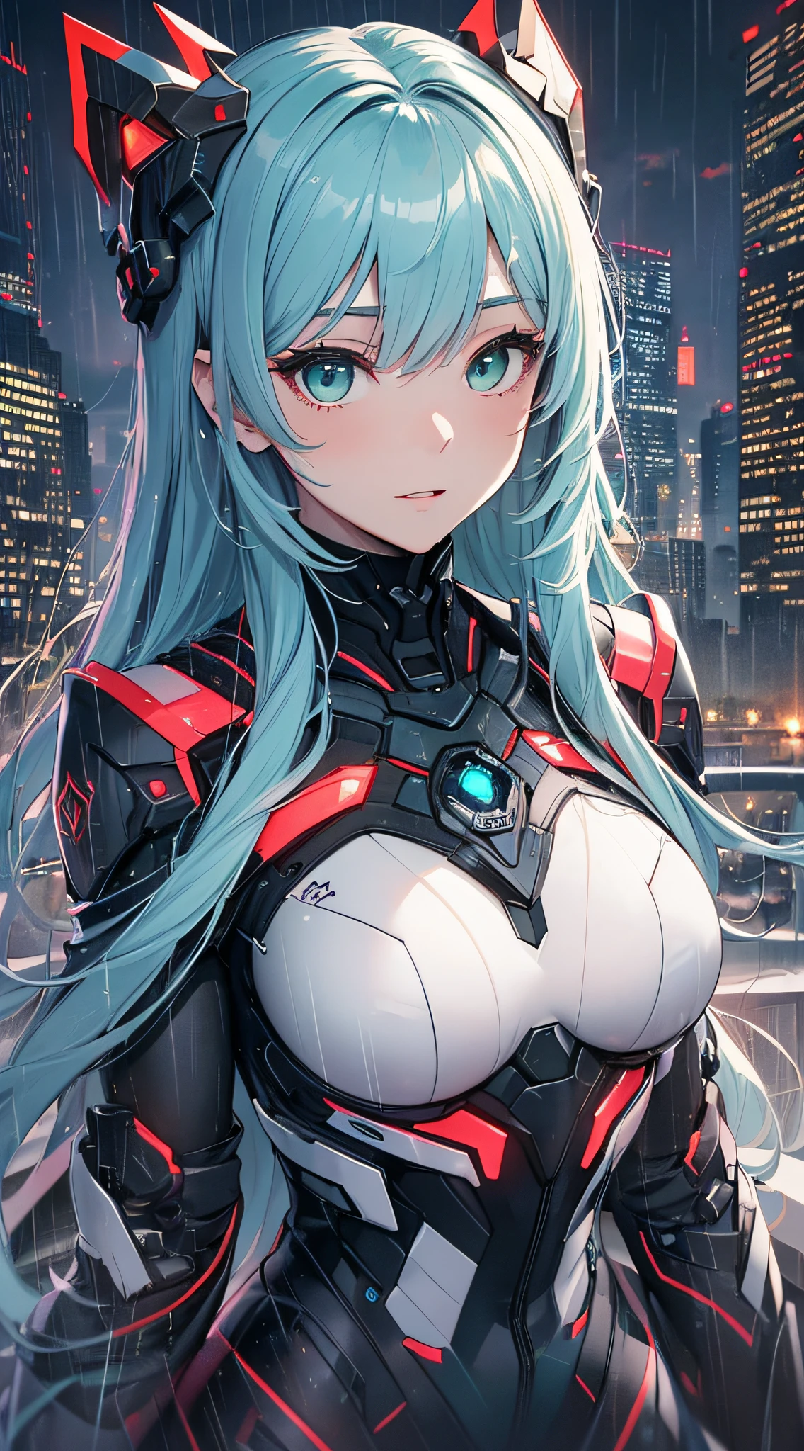 top-quality、Top image quality、masterpiece、Android Girl((sixteen years old, Cybersuit glowing black, red and white、Blue energy source for the chest,Best Bust、Bust 90、Light blue shiny hair、Longhaire,Cyber Skirt、Blue-green eyes、open chest wide、Valley、Happiness、A slender、sleep))hiquality、Beautiful Art、Background with((Fantastic city、very heavy rain))、masutepiece、Elaborate design、visualart、Theatrical films