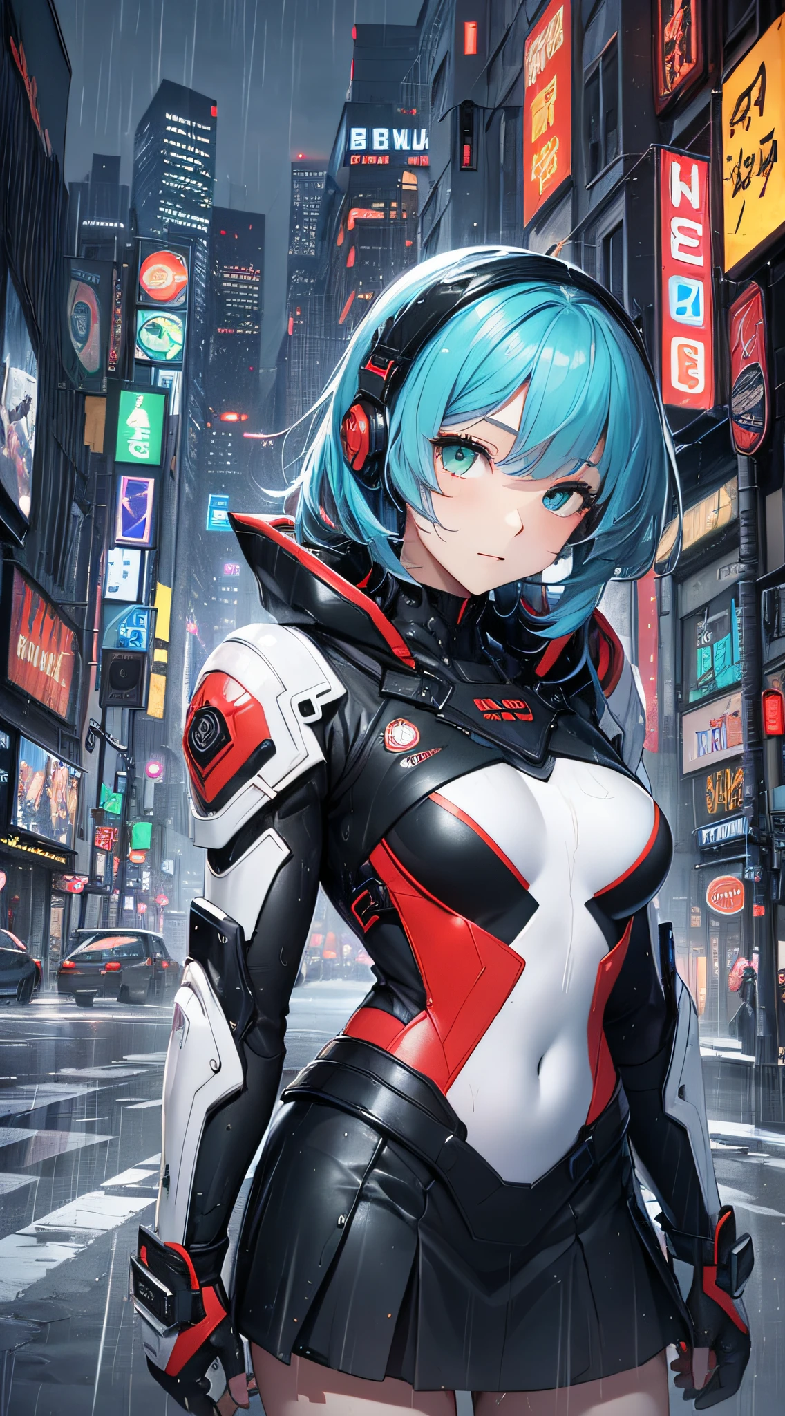 top-quality、Top image quality、masterpiece、Android Girl((, Cybersuit glowing black, red and white、Blue energy source for the chest,Best Bust、Bust 90、Light blue shiny hair、Longhaire,Cyber Skirt、Blue-green eyes、open chest wide、Valley、Happiness、A slender、sleep))hiquality、Beautiful Art、Background with((Fantastic city、very heavy rain))、masutepiece、Elaborate design、visualart、Theatrical films