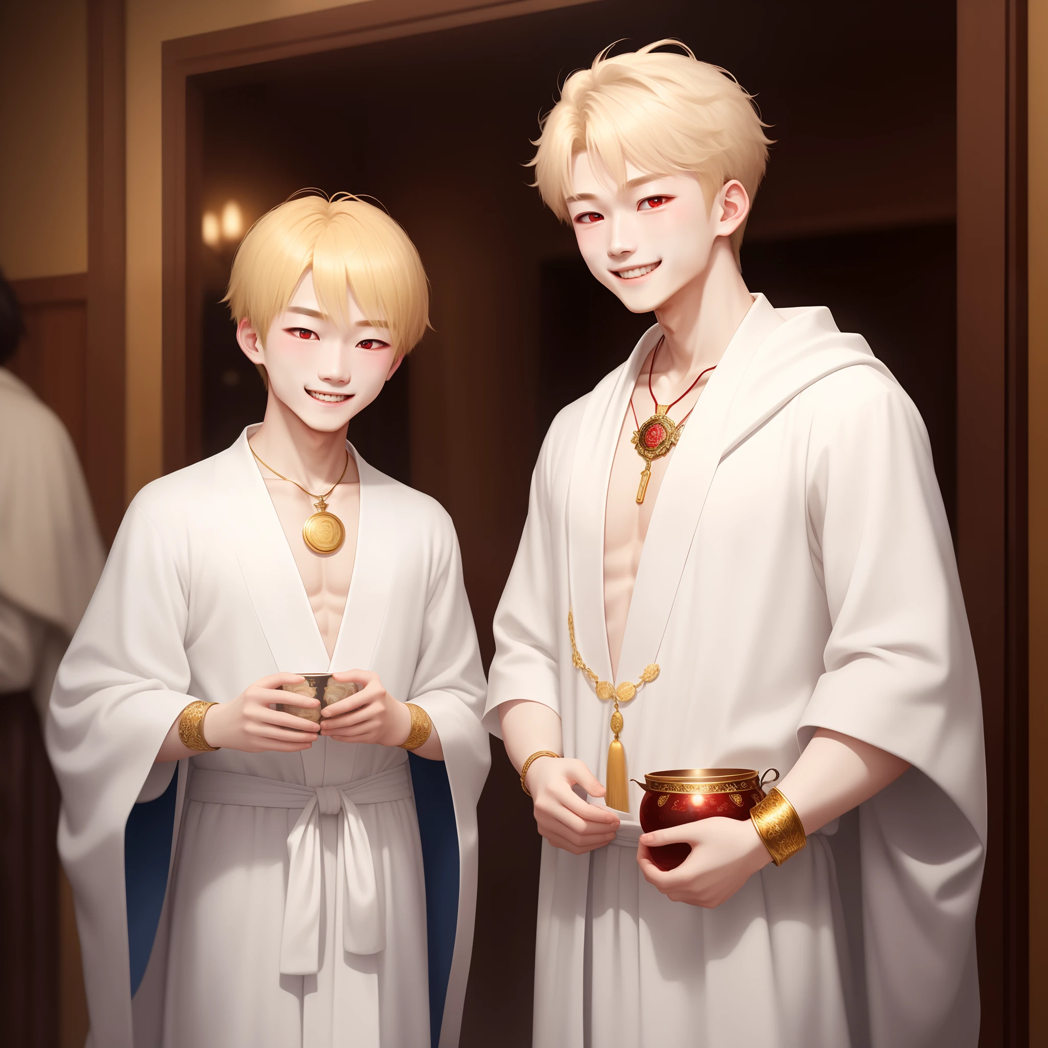 The blond boy with red eyes wore a white robe,He wore gold ornaments around his neck and wrists,I'm smiling stupidly at you。