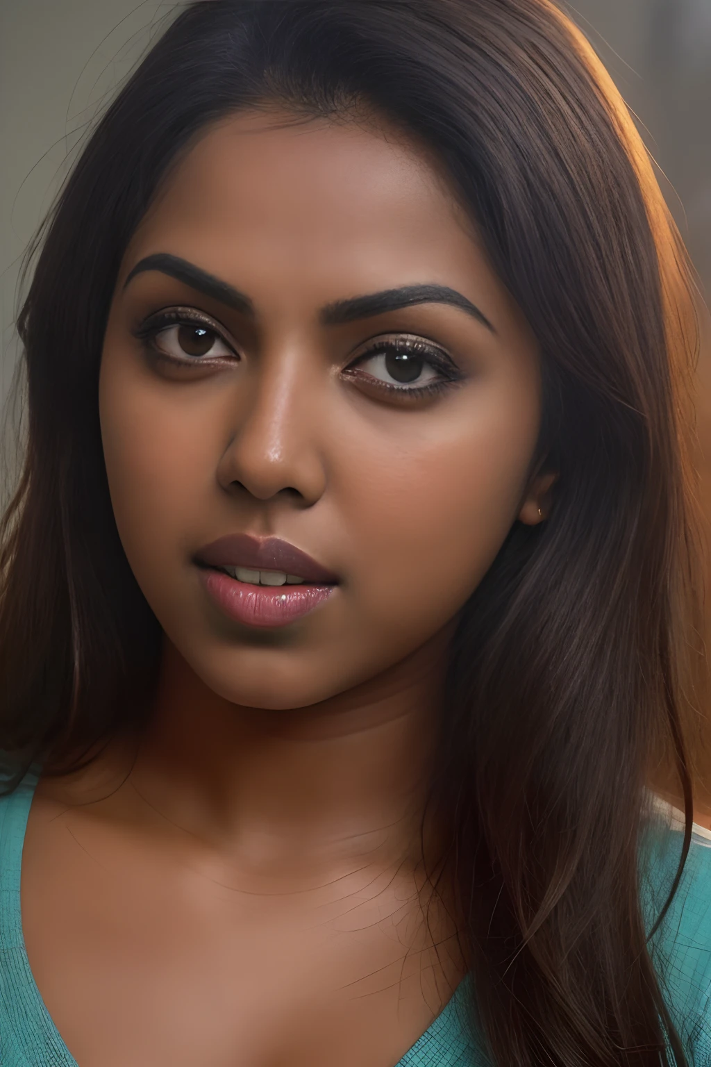 (((Amala Paul))) (Close-up), Malayalam actress Amala Paul realistic face, Directed by: Lee Jeffries, Nikon D850 |, filme fotografia de stock ,4 Kodak Portra 400 ,camera f1.6 lentes ,cores ricas ,hyper realistic ,textura realista, dramatic lighting , cinestill 800, Kerala City, electronic City, future modern society