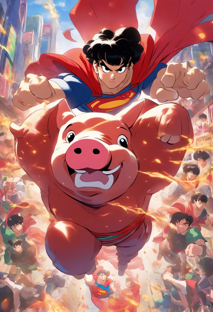 "I want you to design a poster featuring a pig in a Ranma 1/2 style, dressed as Superman."