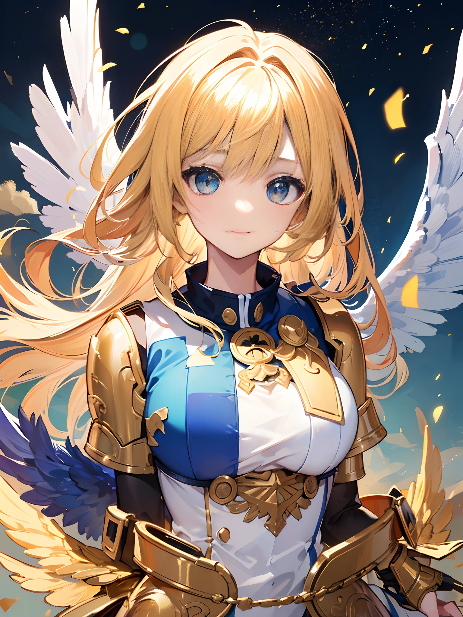 (masterpiece:1.5, intricate details:1.3), (best quality, ultra-detailed:1.3), (big golden wings), ((masterpiece)), ((best quality)), (ultra-detailed), ((extremely detailed)), 4K, ((8K)), ((best quality)), (beautiful), (illustration), painting, dynamic angle, look down from above, (beautiful sky), evening, golden sun shower, she is shines, a cute girl, 1girl, (((golden Breastplate))), (flat chest), cute, solo0, ((beautiful gold hair)), beautiful gold eyes, ((beautiful eyes)), white-skinned, long hair, light smile, (wind effect), shiny, (flying),bakemonogatari, upper body,
